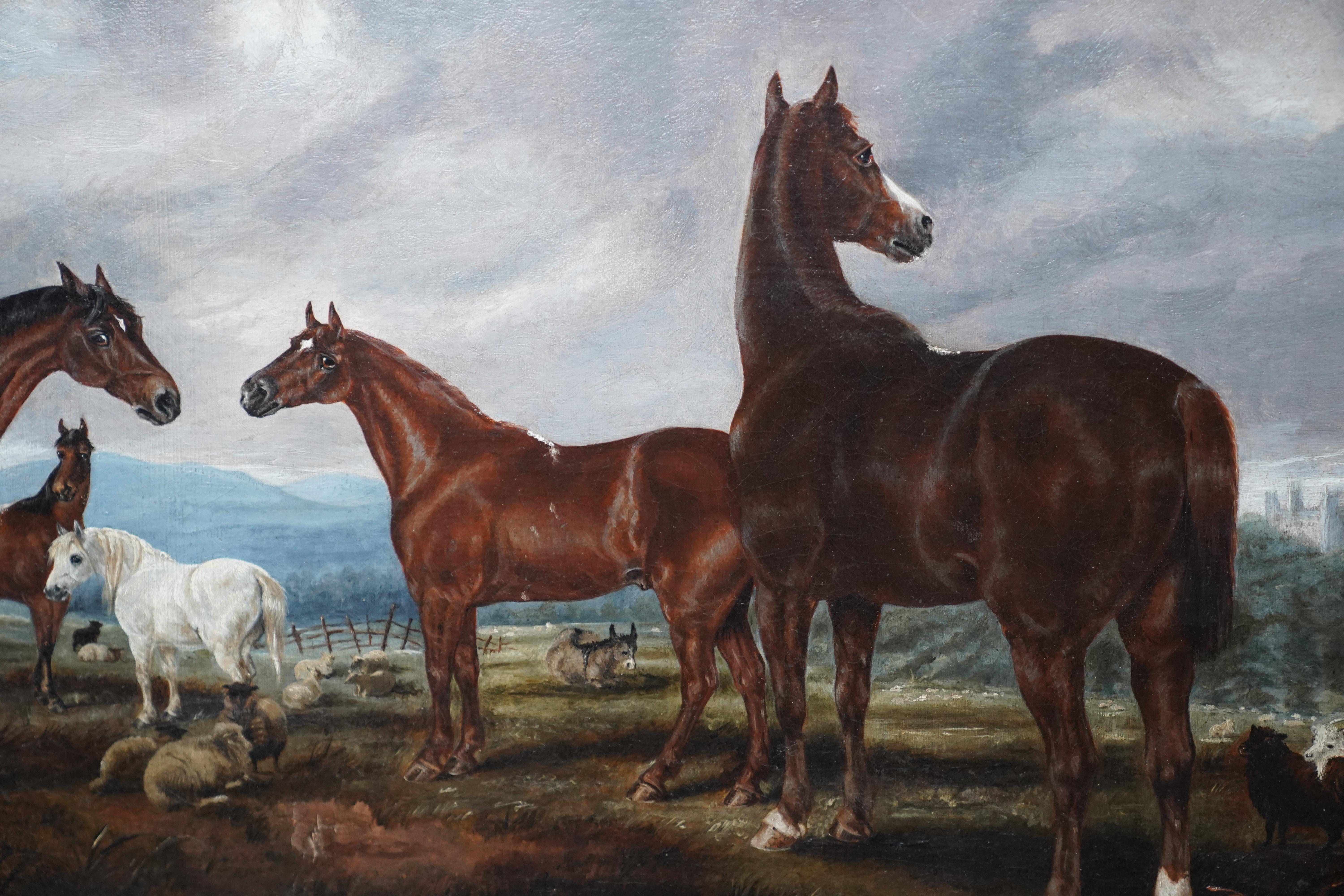 Horses in Landscape - British Victorian art equine animal portrait oil painting - Realist Painting by Edwin Brown
