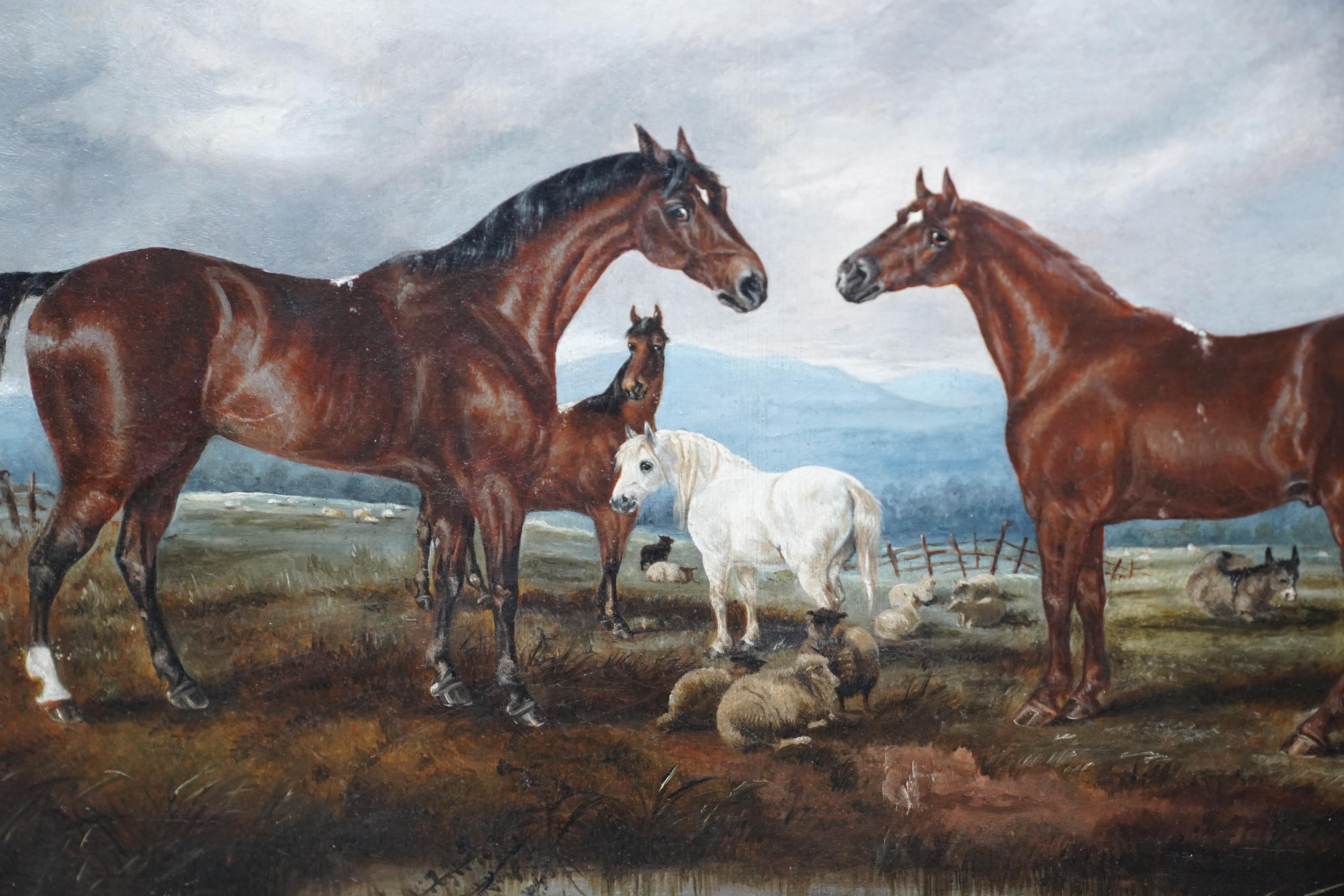 Horses in Landscape - British Victorian art equine animal portrait oil painting For Sale 2