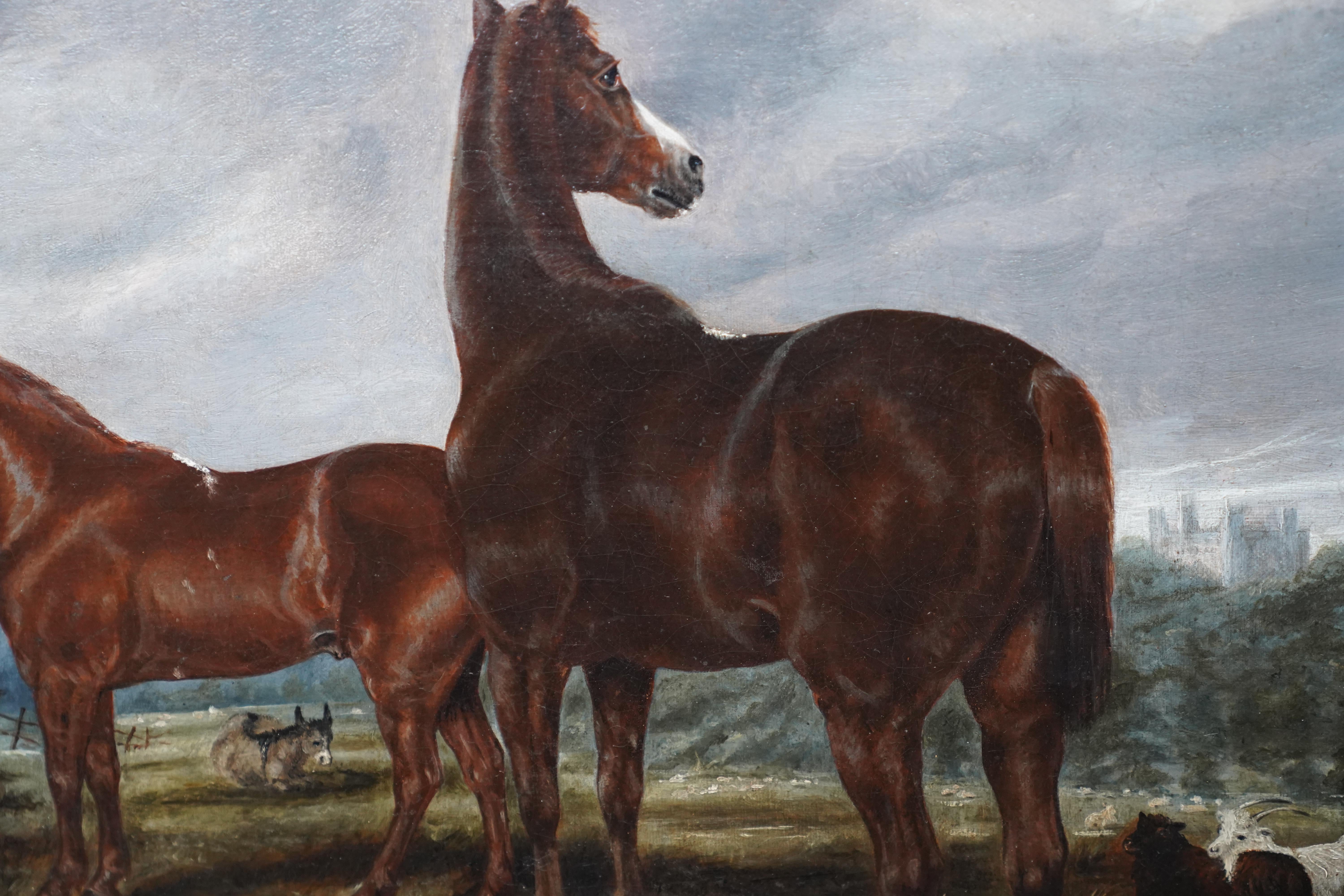 Horses in Landscape - British Victorian art equine animal portrait oil painting For Sale 3