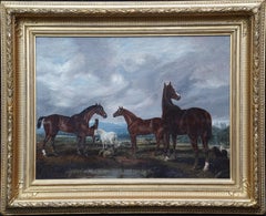 Antique Horses in Landscape - British Victorian art equine animal portrait oil painting