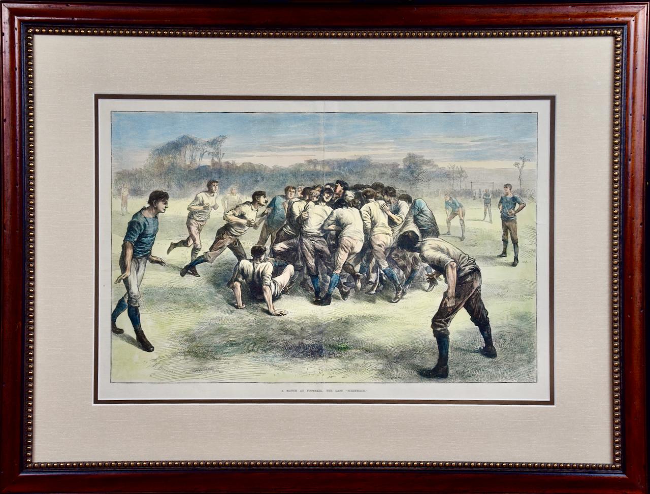 Edwin Buckman Landscape Print - A 19th Century Hand-colored Woodcut Engraving "A Match at Football" (Rugby)