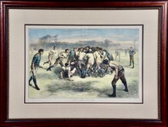 A 19th Century Hand-colored Woodcut Engraving "A Match at Football" (Rugby)