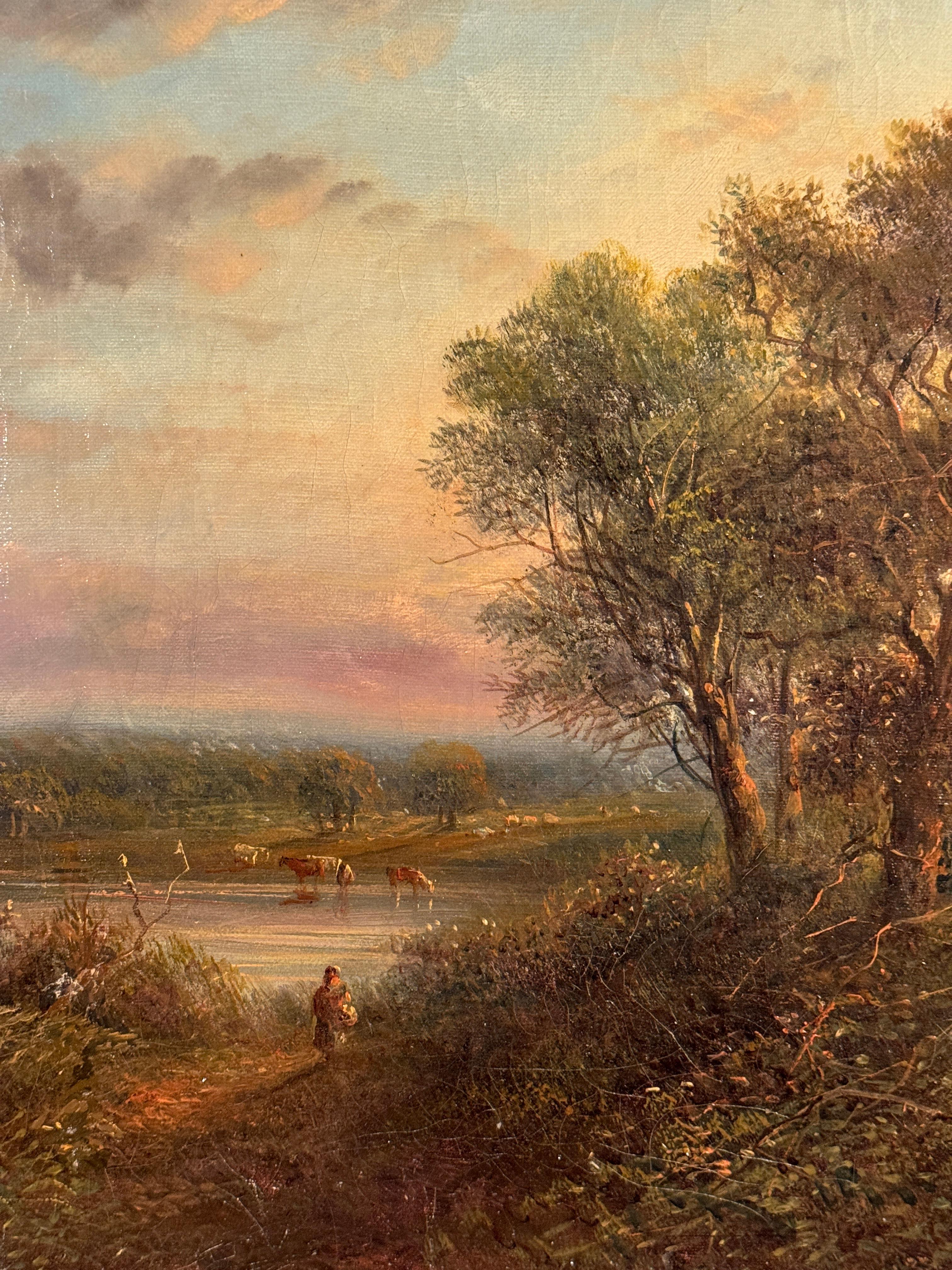 Englische Flusslandschaft des 19. Jahrhunderts mit Kühen, Fluss und Menschen bei Sonnenuntergang – Painting von Edwin Buttery