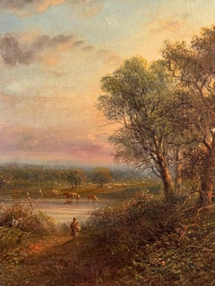 19th century English riverside landscape with, cows, river and people at Sunset