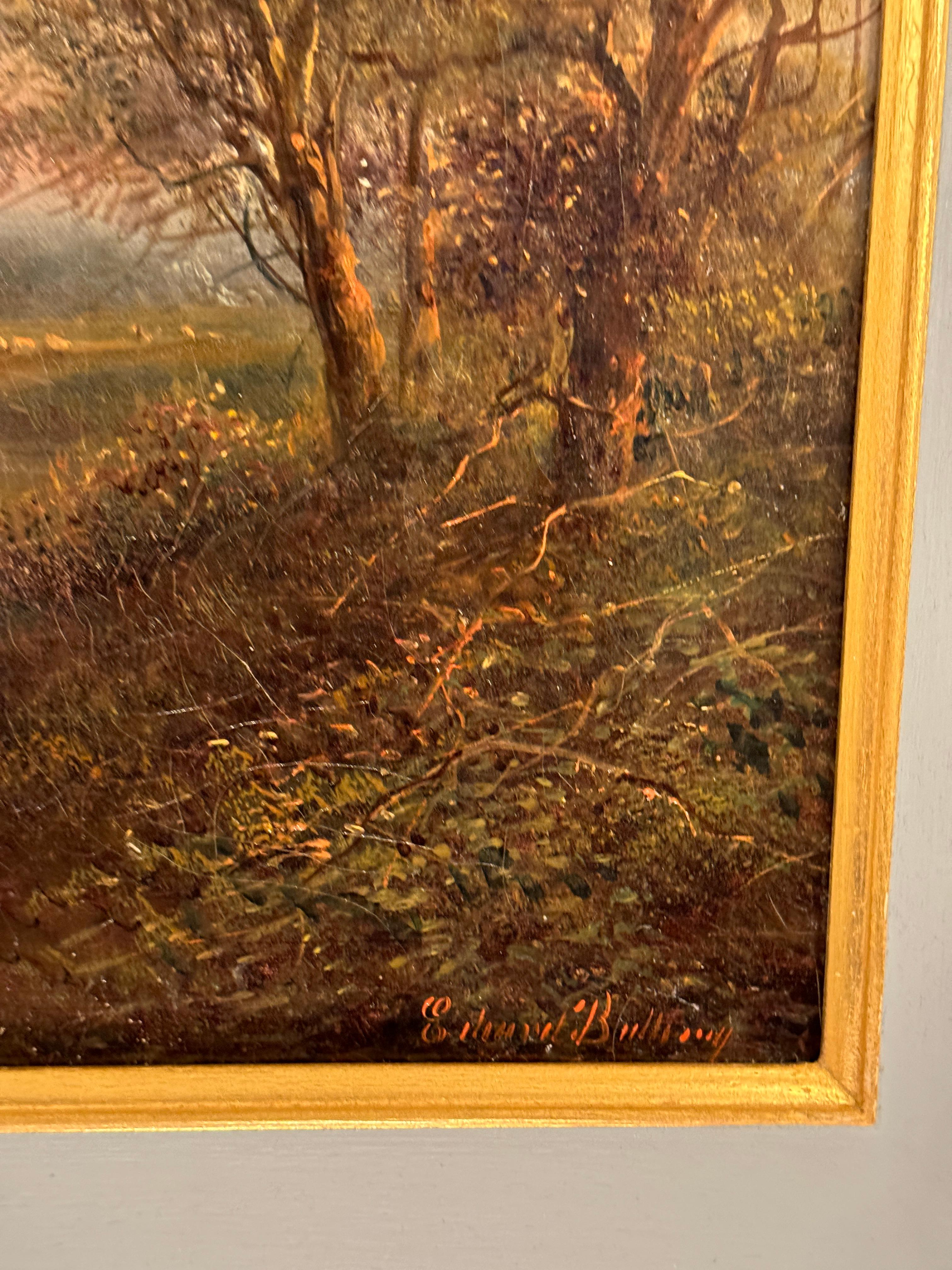 Englische Flusslandschaft des 19. Jahrhunderts mit Kühen, Fluss und Menschen bei Sonnenuntergang (Viktorianisch), Painting, von Edwin Buttery