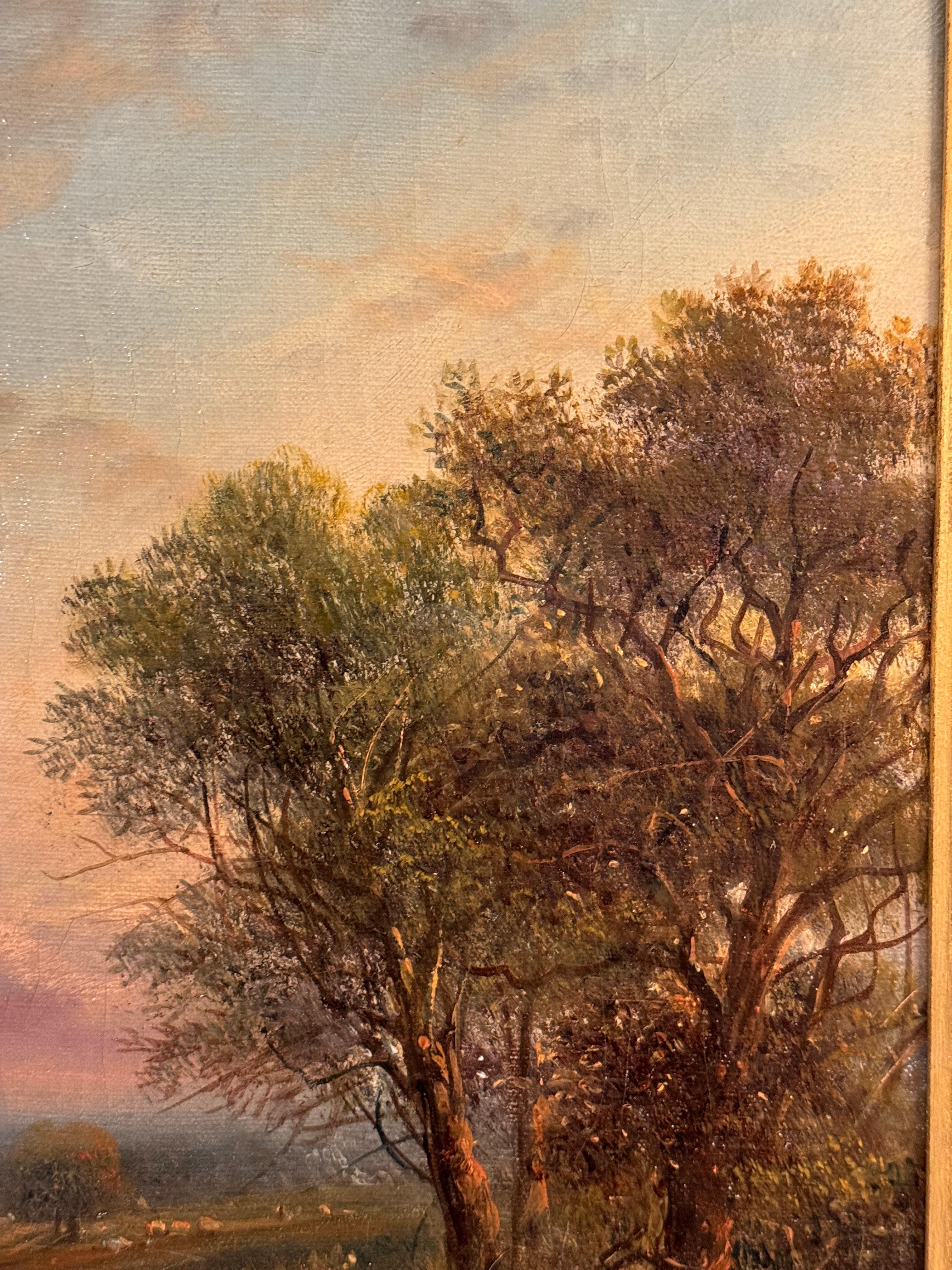 Englische Flusslandschaft des 19. Jahrhunderts mit Kühen, Fluss und Menschen bei Sonnenuntergang (Beige), Landscape Painting, von Edwin Buttery