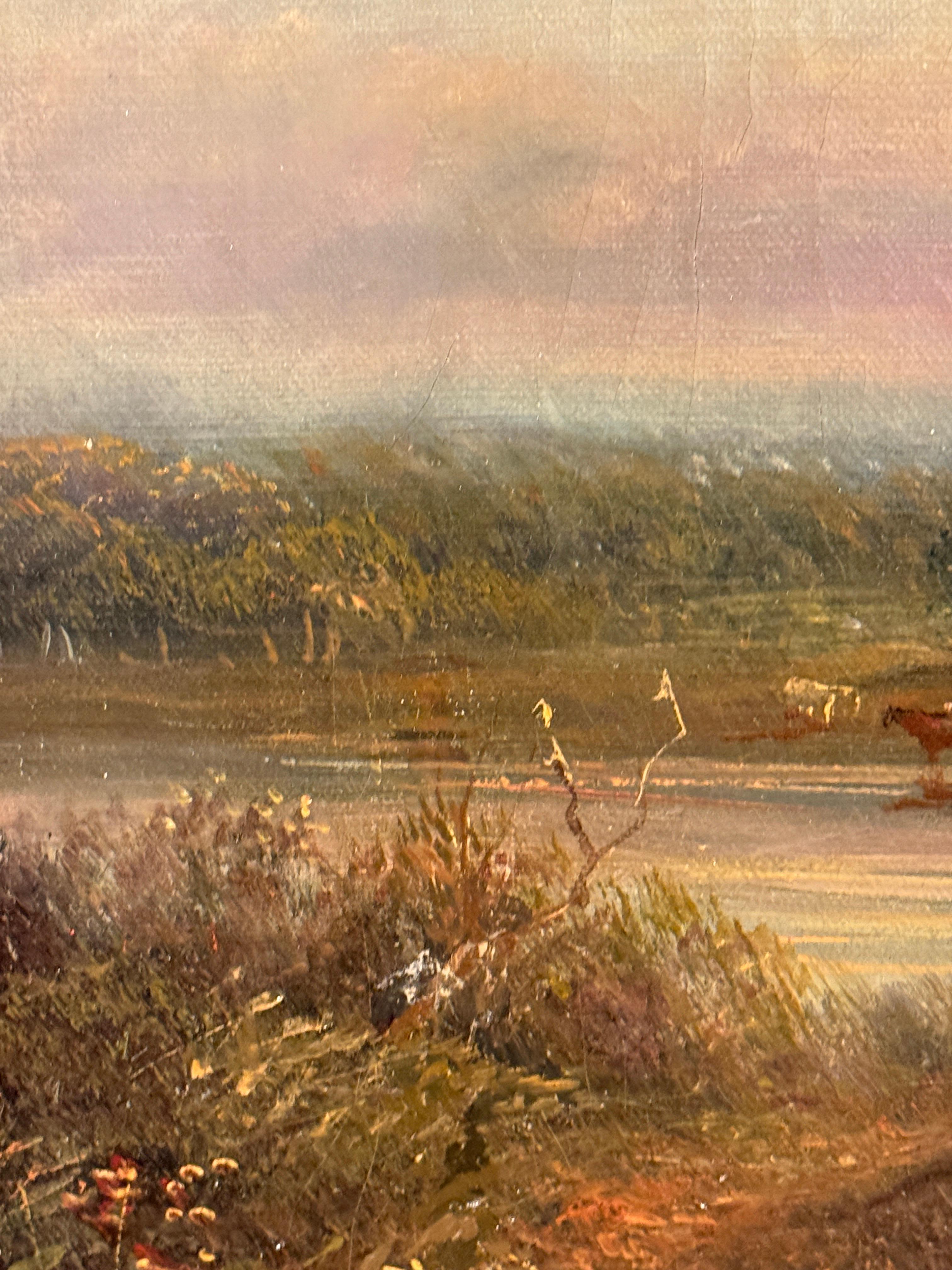 Englische Flusslandschaft des 19. Jahrhunderts mit Kühen, Fluss und Menschen bei Sonnenuntergang im Angebot 1