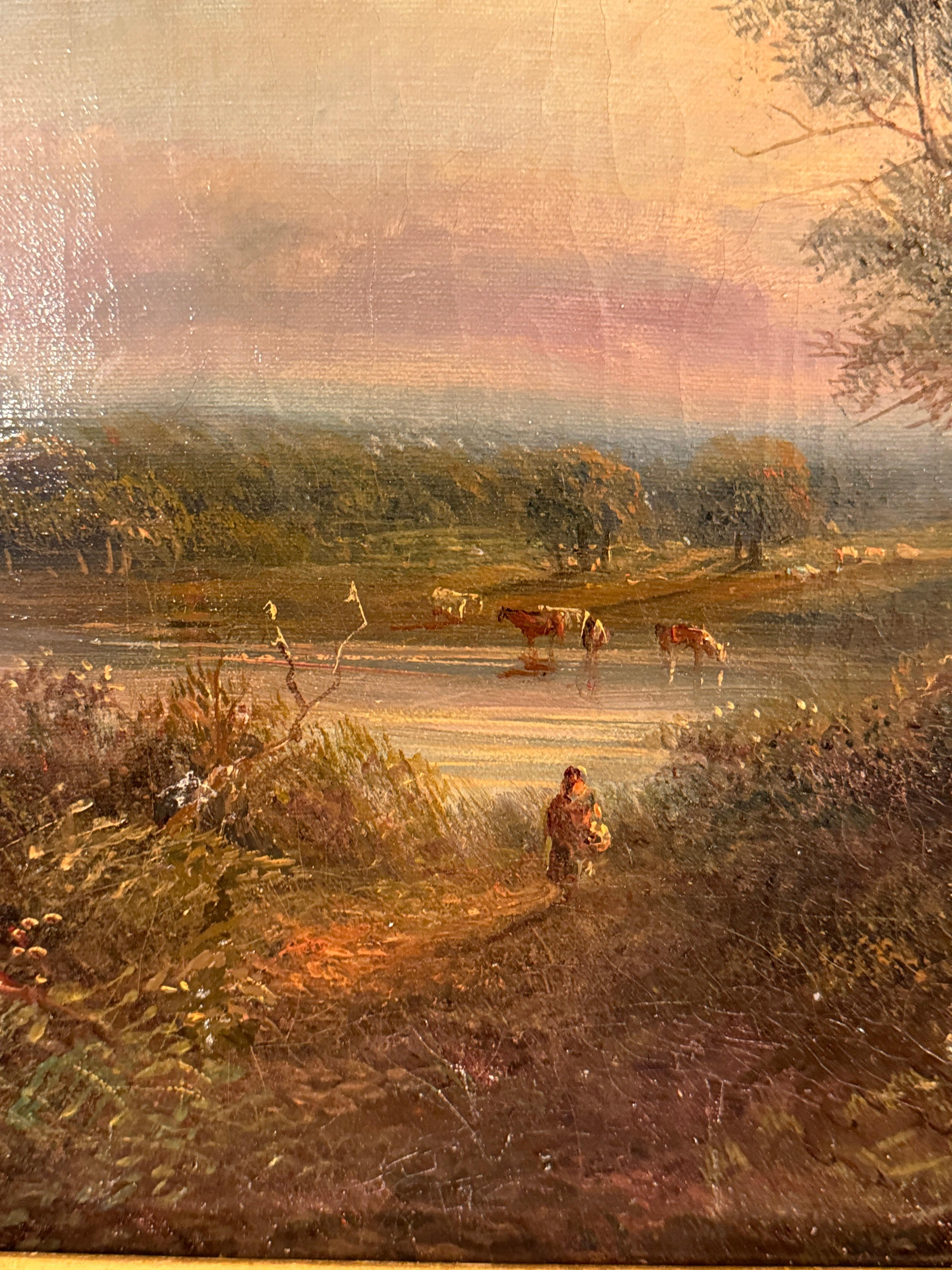 Englische Flusslandschaft des 19. Jahrhunderts mit Kühen, Fluss und Menschen bei Sonnenuntergang im Angebot 3