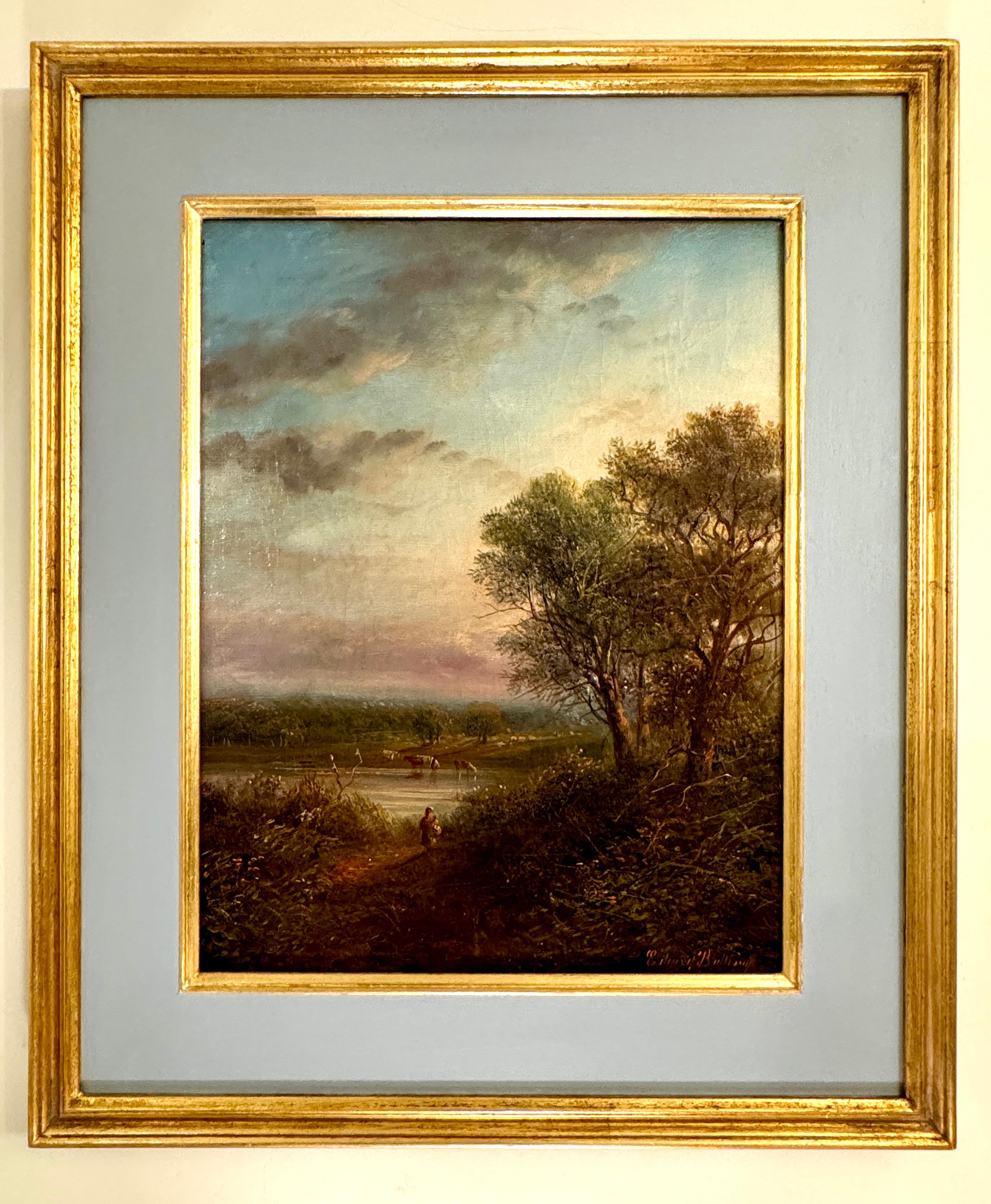 19th century English riverside landscape with, cows, river and people at Sunset