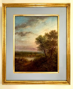 Englische Flusslandschaft des 19. Jahrhunderts mit Kühen, Fluss und Menschen bei Sonnenuntergang