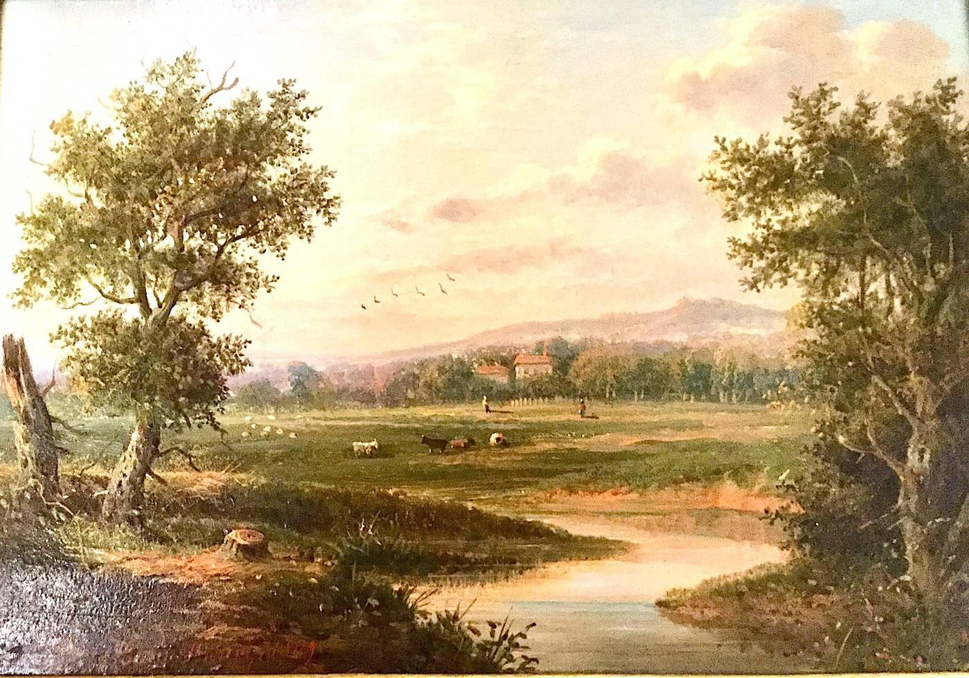 Un paysage de rivière anglaise par EDWIN BUTTERY (1839-1908)
 Huile sur toile.
Taille totale incluant la photo et le cadre : 35cm x 43cm x 6cm
Clairement signé et daté 1869

Un paysagiste britannique du XIXe siècle.  Buttery a peint les scènes