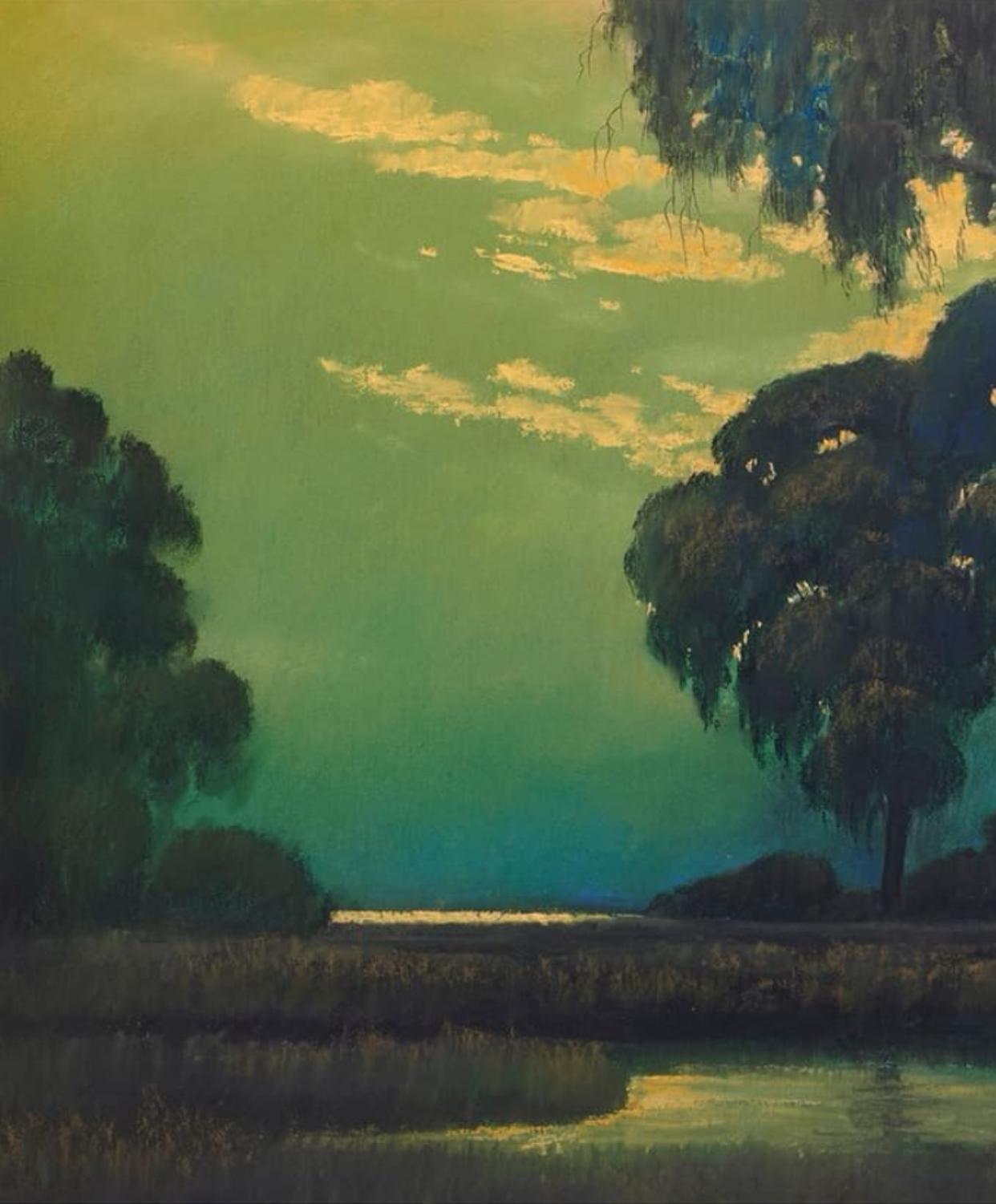 American Edwin C. Siegfried (Am. 1889 - 1955) Pastel On Paper Titled “Moonlit Marsh” For Sale