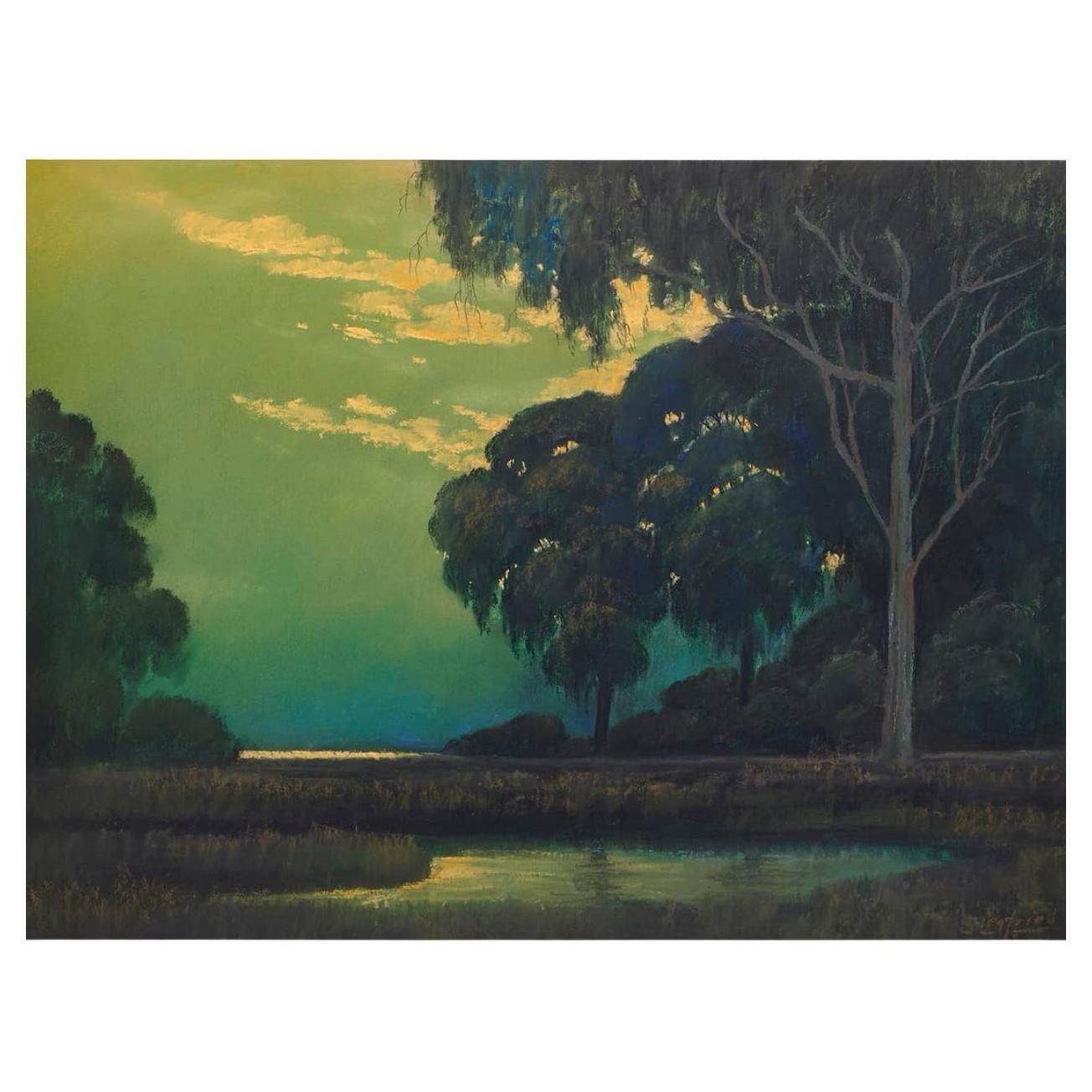 Edwin C. Siegfried (Am. 1889 - 1955) Pastel On Paper Titled “Moonlit Marsh” For Sale