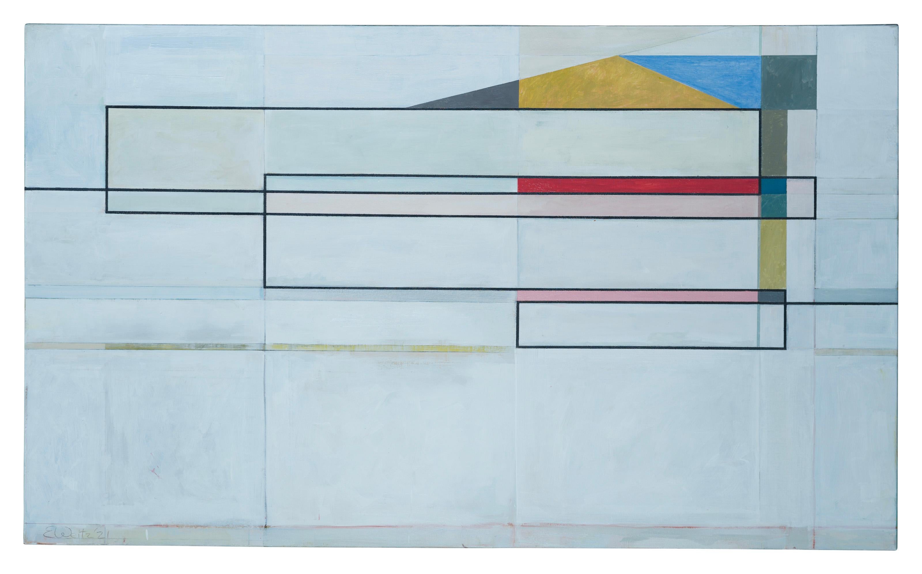 Cette huile sur toile de 37,5" x 61,5" est une œuvre d'Edwin Carter Weitz. Cette peinture géométrique abstraite présente une composition de formes rectangulaires qui se chevauchent, rendues dans des couleurs sourdes et translucides sur un fond à