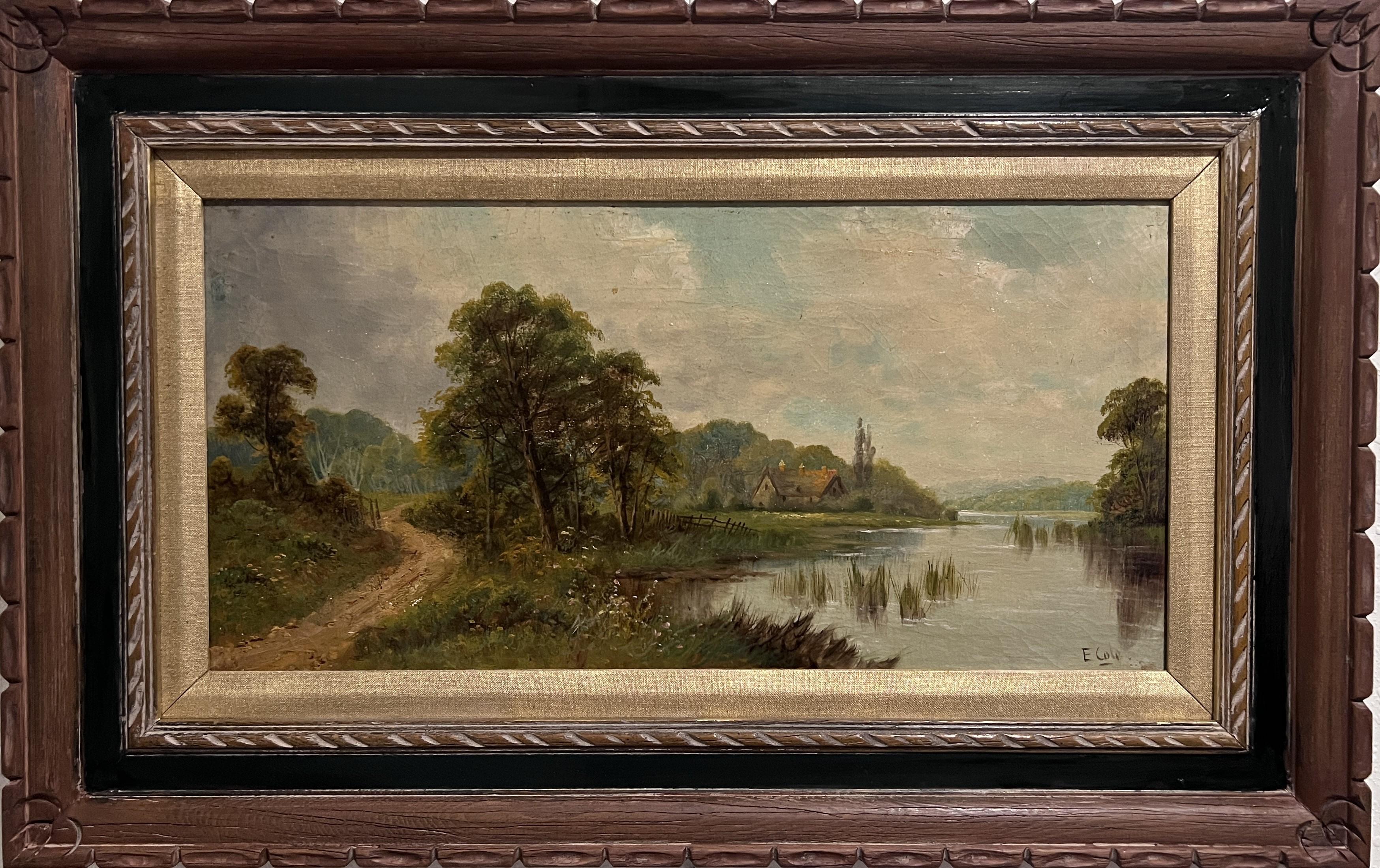 This antique original oil painting on canvas by Listed British Artist Edwin Cole beautifully captures a tranquil countryside landscape, exuding a sense of peace and serenity. A winding dirt path meanders through lush greenery, leading the viewer’s