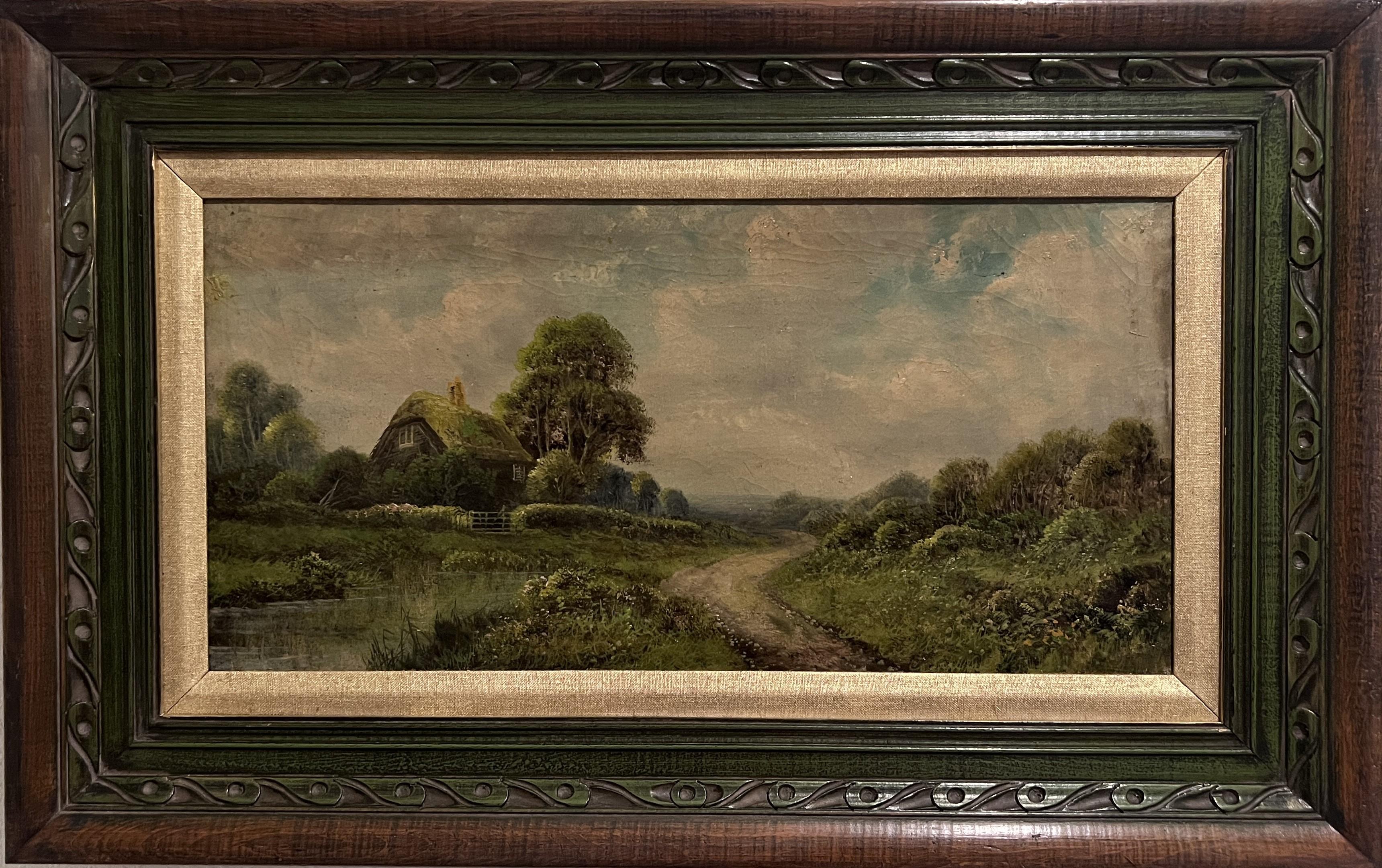 This charming landscape painting captures the tranquility of the countryside, depicting a winding dirt path leading toward a quaint thatched-roof cottage nestled among lush greenery. The artist masterfully uses soft, natural tones to bring the