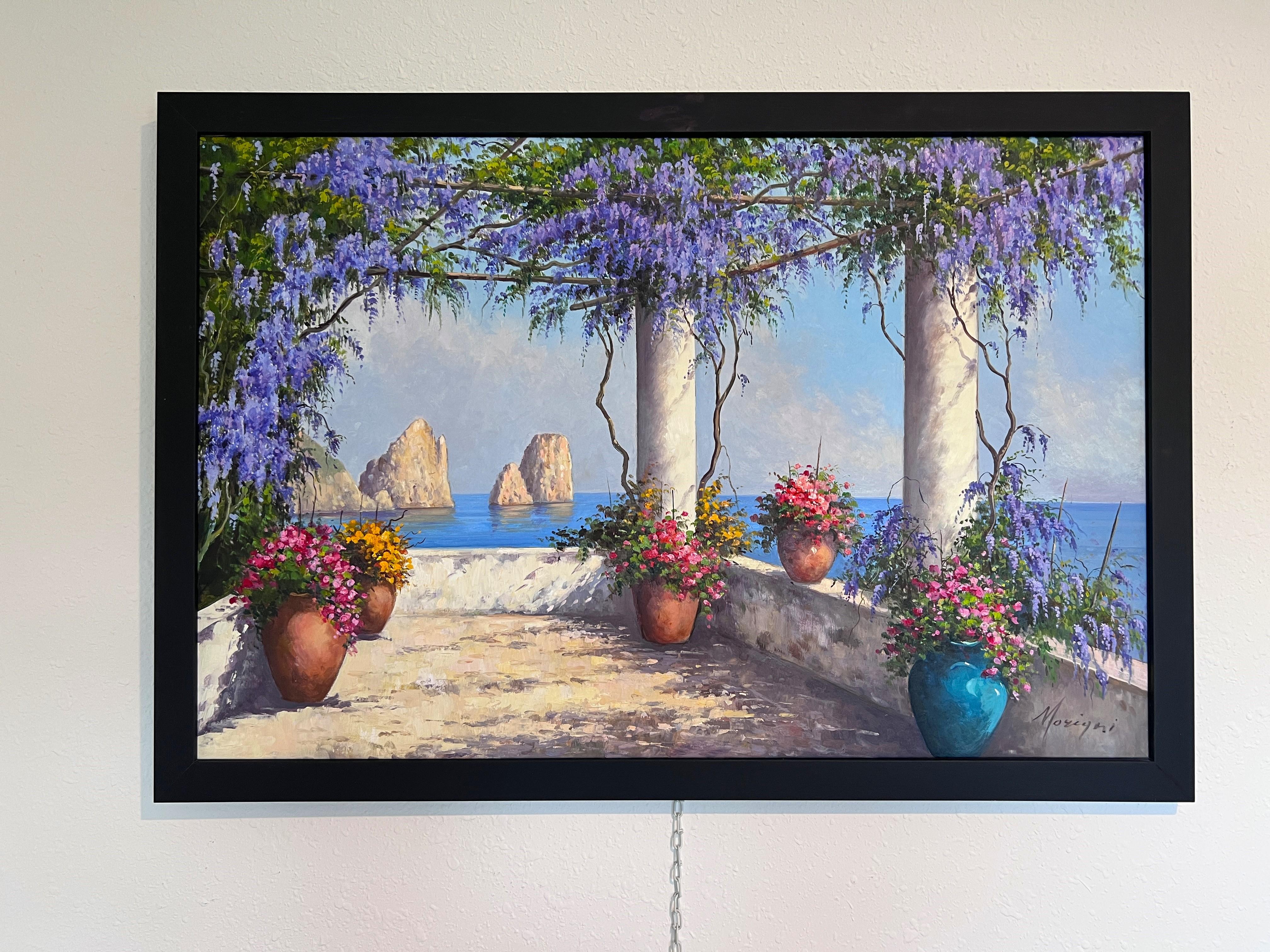 Italienische Küstenlandschaft des Künstlers Moriani (20C) Öl auf Leinwand Gemälde, gerahmt – Painting von Edwin Cole