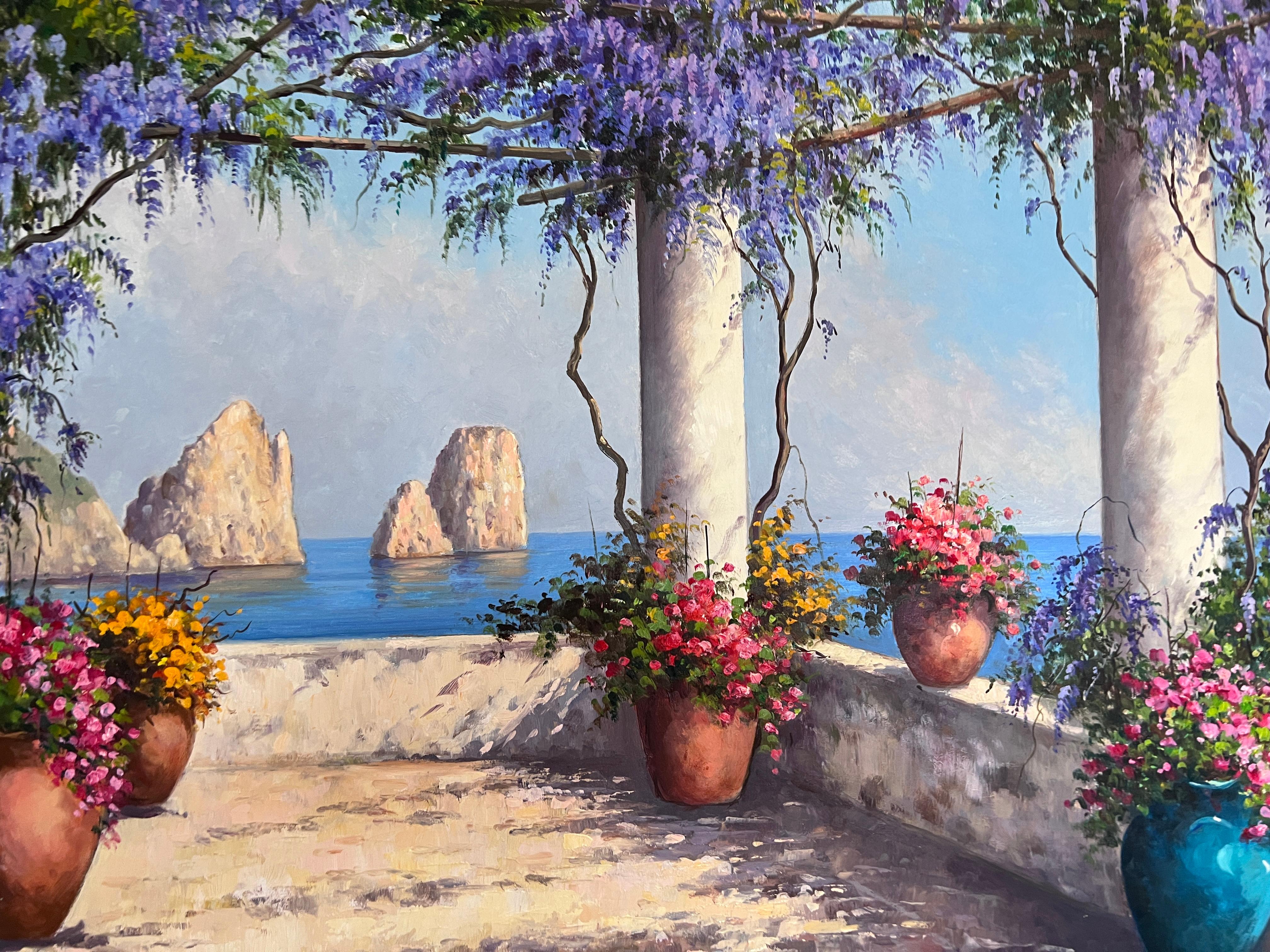 Italienische Küstenlandschaft des Künstlers Moriani (20C) Öl auf Leinwand Gemälde, gerahmt (Impressionismus), Painting, von Edwin Cole