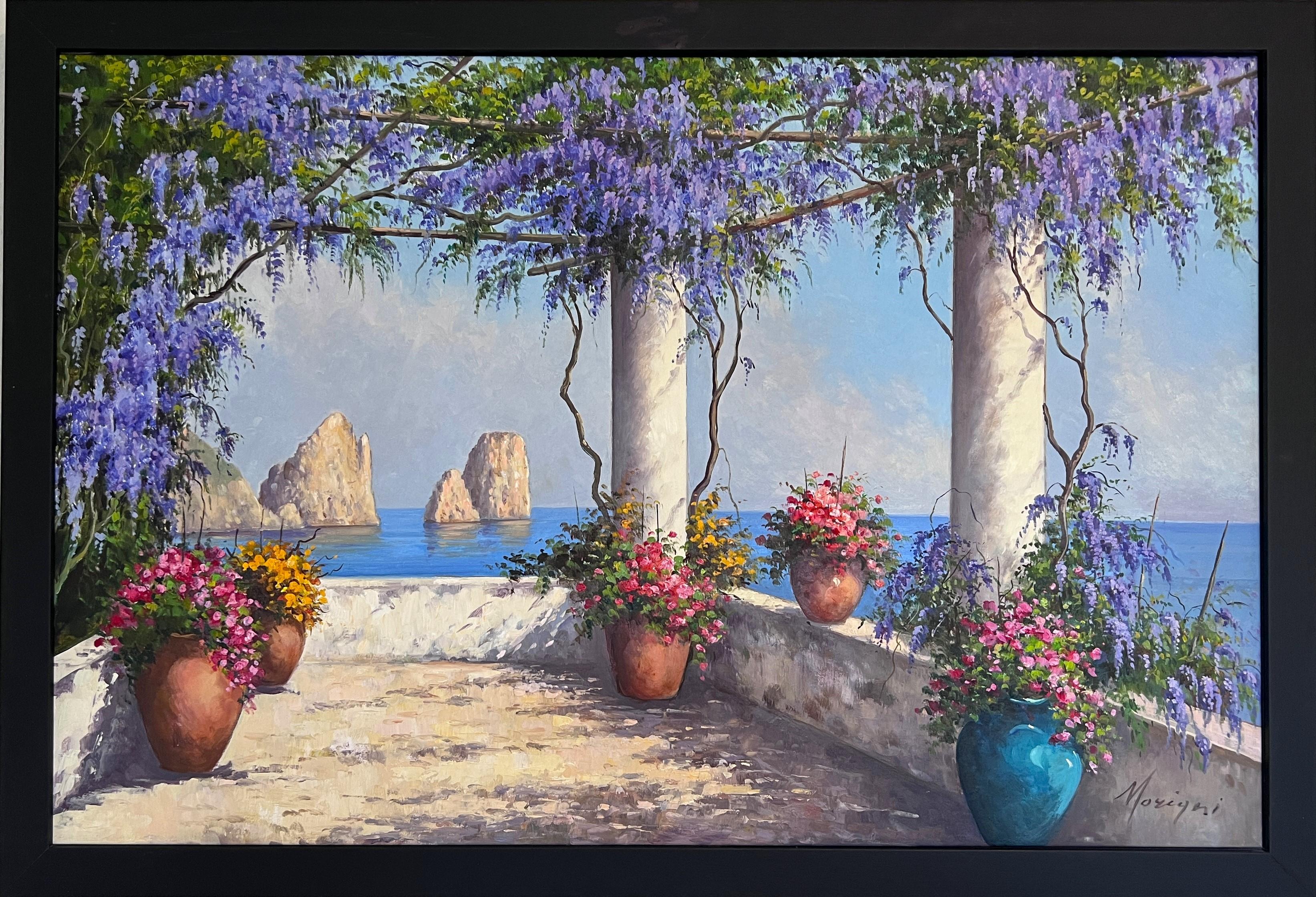 Italienische Küstenlandschaft des Künstlers Moriani (20C) Öl auf Leinwand Gemälde, gerahmt