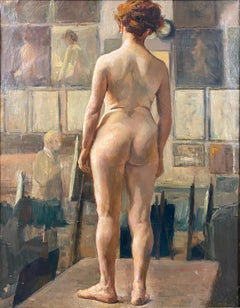 Late 19th Century French Academic Female Nude Study in Artist Studio Paris Oil