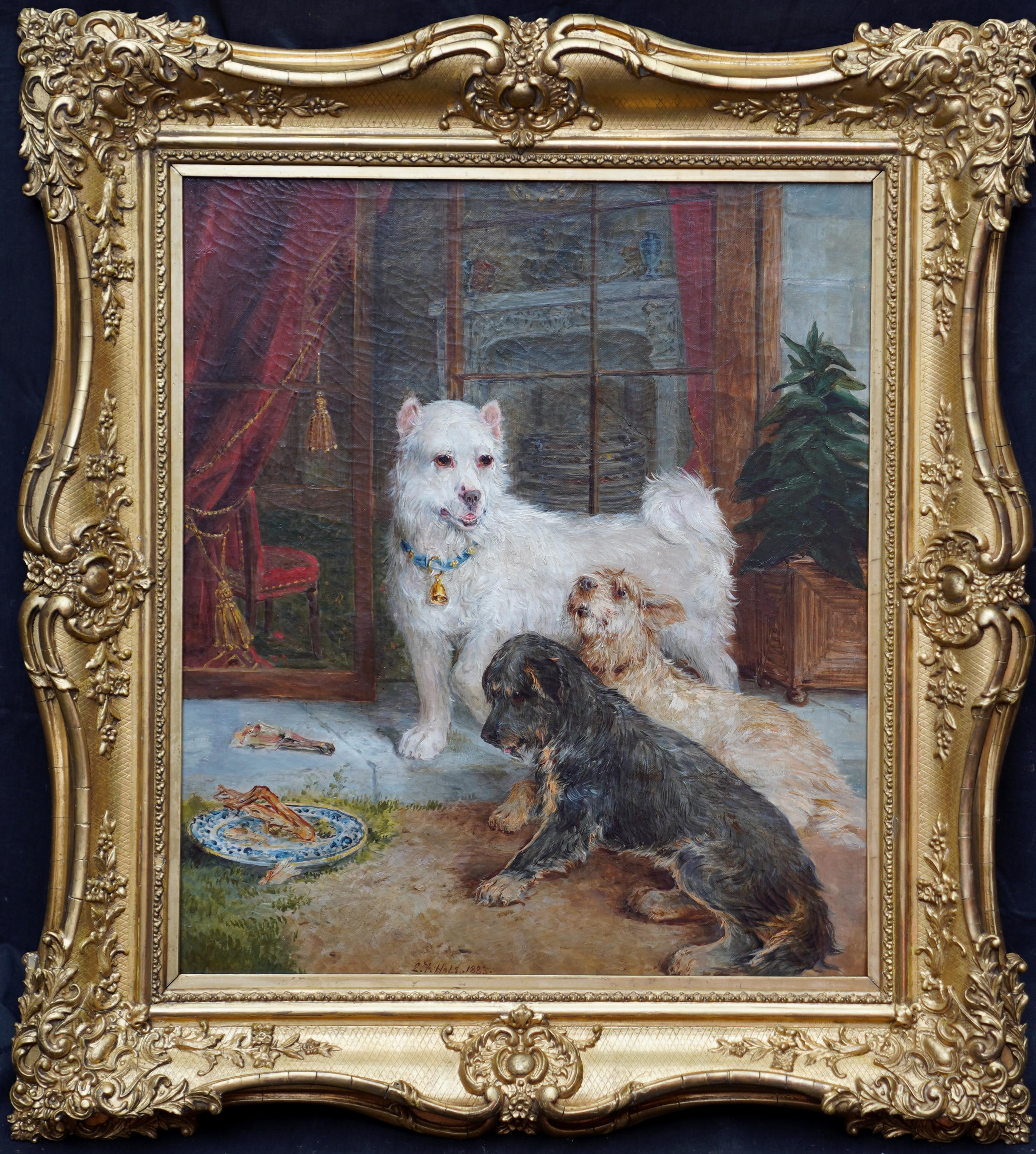 Interior Scene with Dogs - British Victorian art Dog portrait oil painting