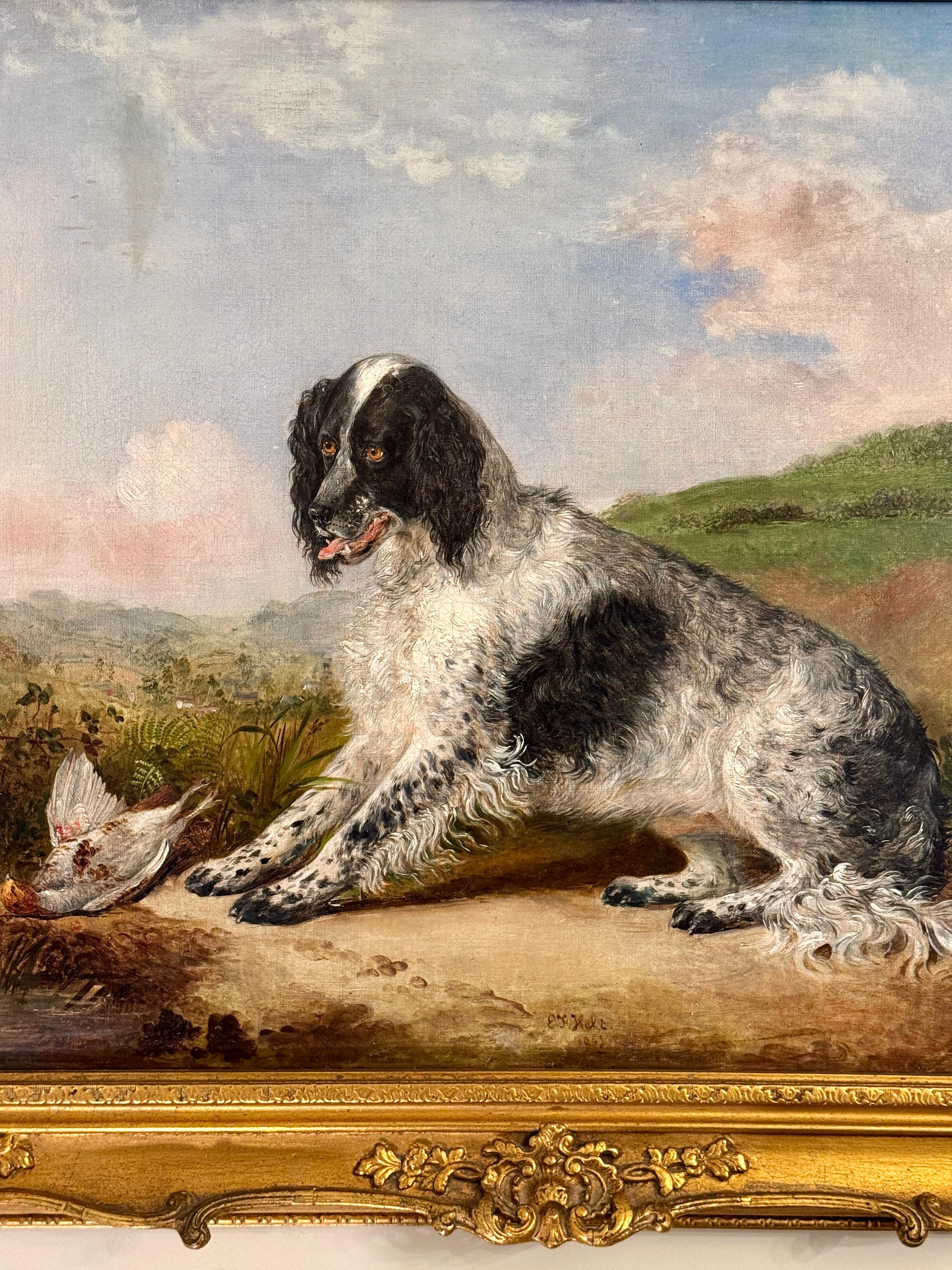 Ritratto di cane inglese del XIX secolo, Spaniel con uccello da caccia in un paesaggio - Painting di Edwin Frederick Holt