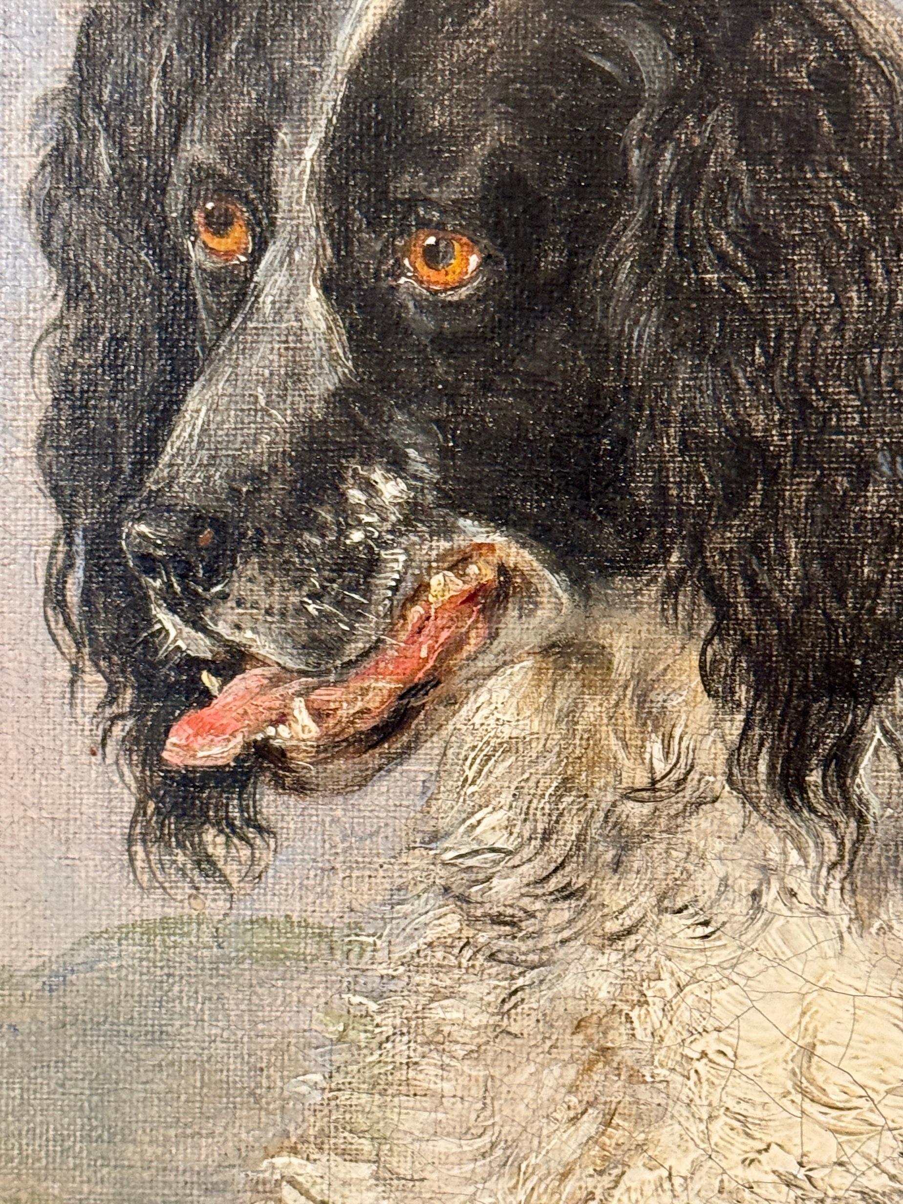 Ritratto di cane inglese del XIX secolo, Spaniel con uccello da caccia in un paesaggio - Portrait Painting Marrone di Edwin Frederick Holt