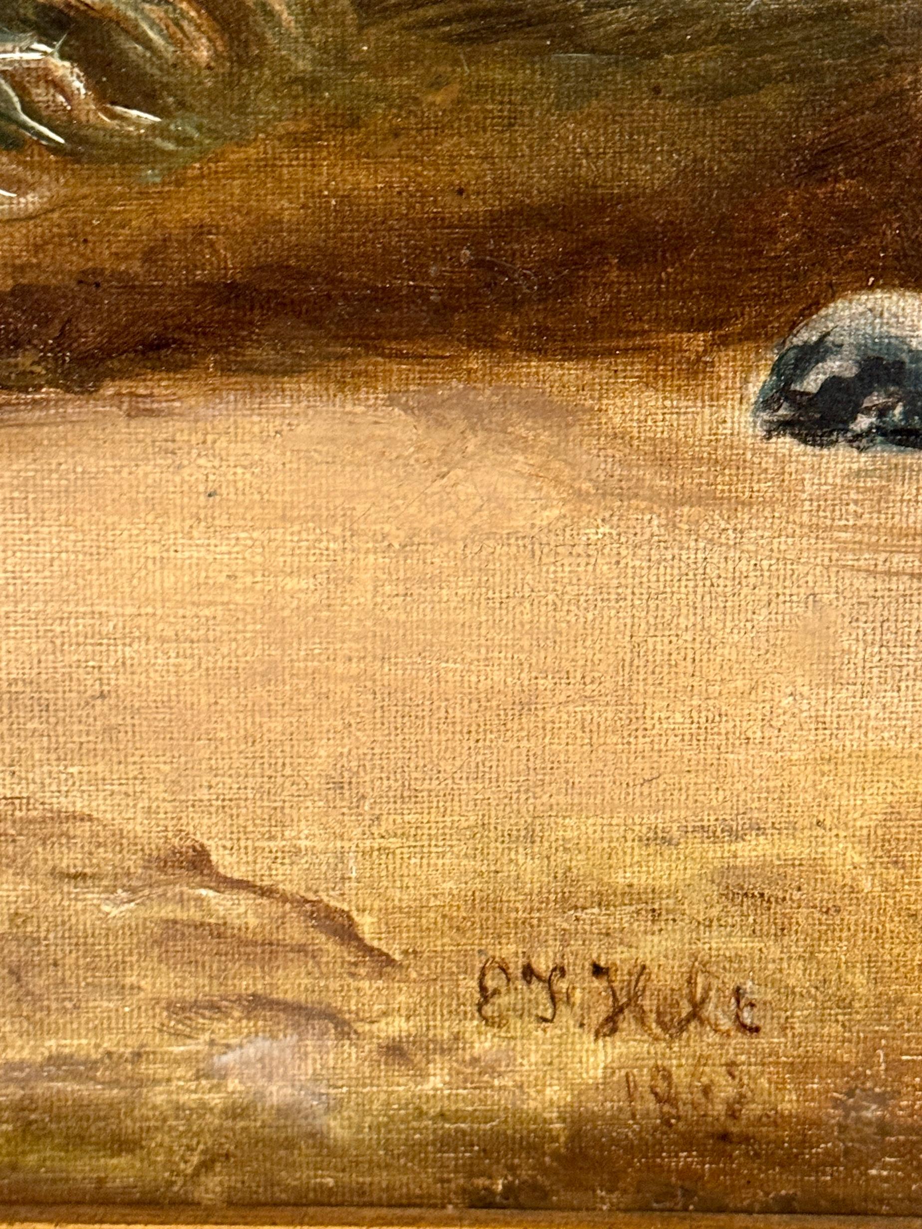 Questo squisito olio su tela di Edwin Frederick Holt, che raffigura uno spaniel bianco e nero con un uccello da caccia, è uno splendido esempio di arte sportiva vittoriana, dipinto nel 1863 circa. L'eccezionale attenzione di Holt per i dettagli dà