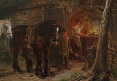 Horses at the Village Forge with Blacksmith and Lumber Cart and Dog watching