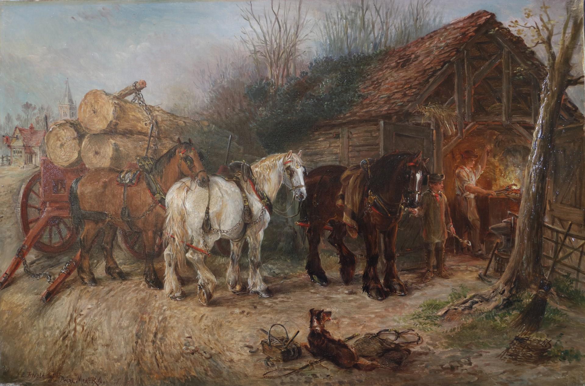 Edwin Frederick Holt Animal Painting - Horses at the Village Forge with Blacksmith and Lumber Cart and Dog watching