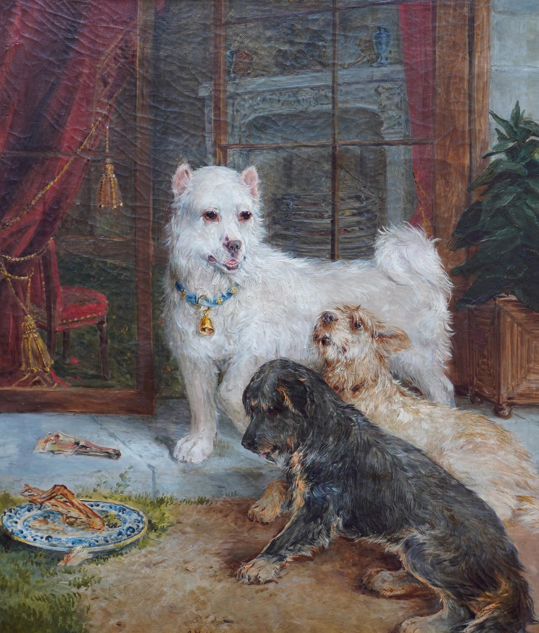 Scena d'interni con cani - Quadro ad olio di arte vittoriana britannica Ritratto di cane 6