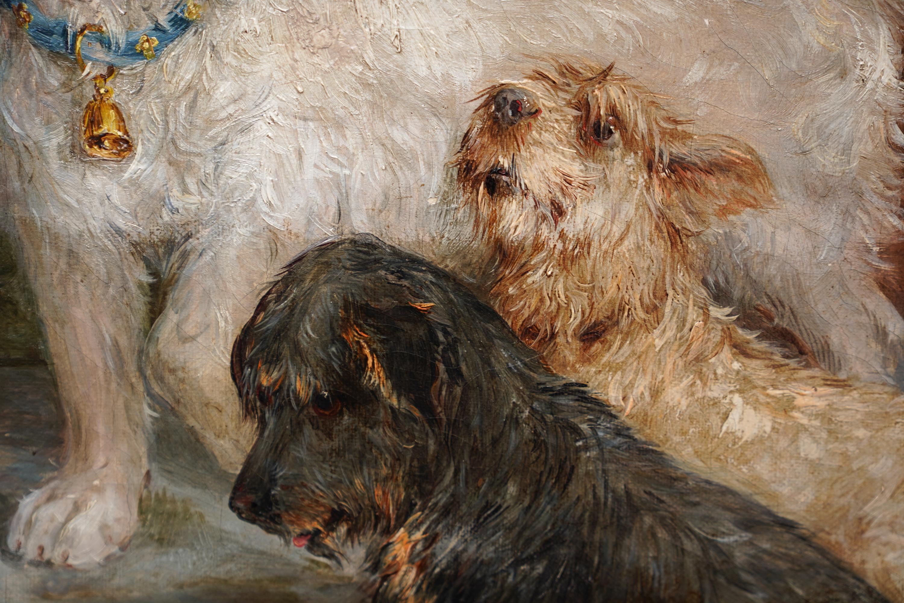 Questo delizioso dipinto a olio britannico vittoriano è opera del noto artista di animali Edwin Frederick Holt. Dipinto nel 1885, il ritratto raffigura tre cani in un interno, seduti davanti a un piatto di ossa. Le diverse personalità e i diversi