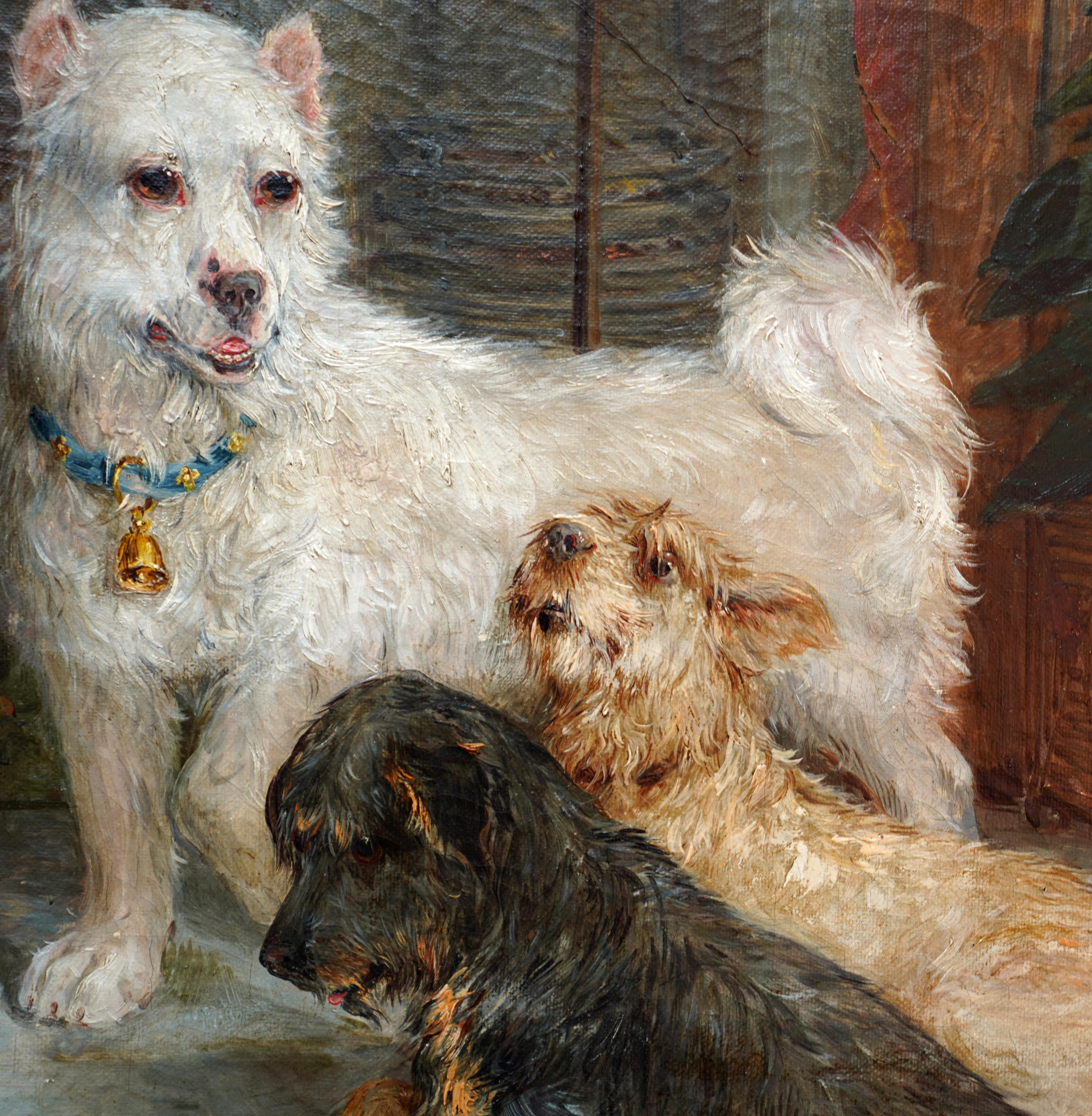 Scena d'interni con cani - Quadro ad olio di arte vittoriana britannica Ritratto di cane 1