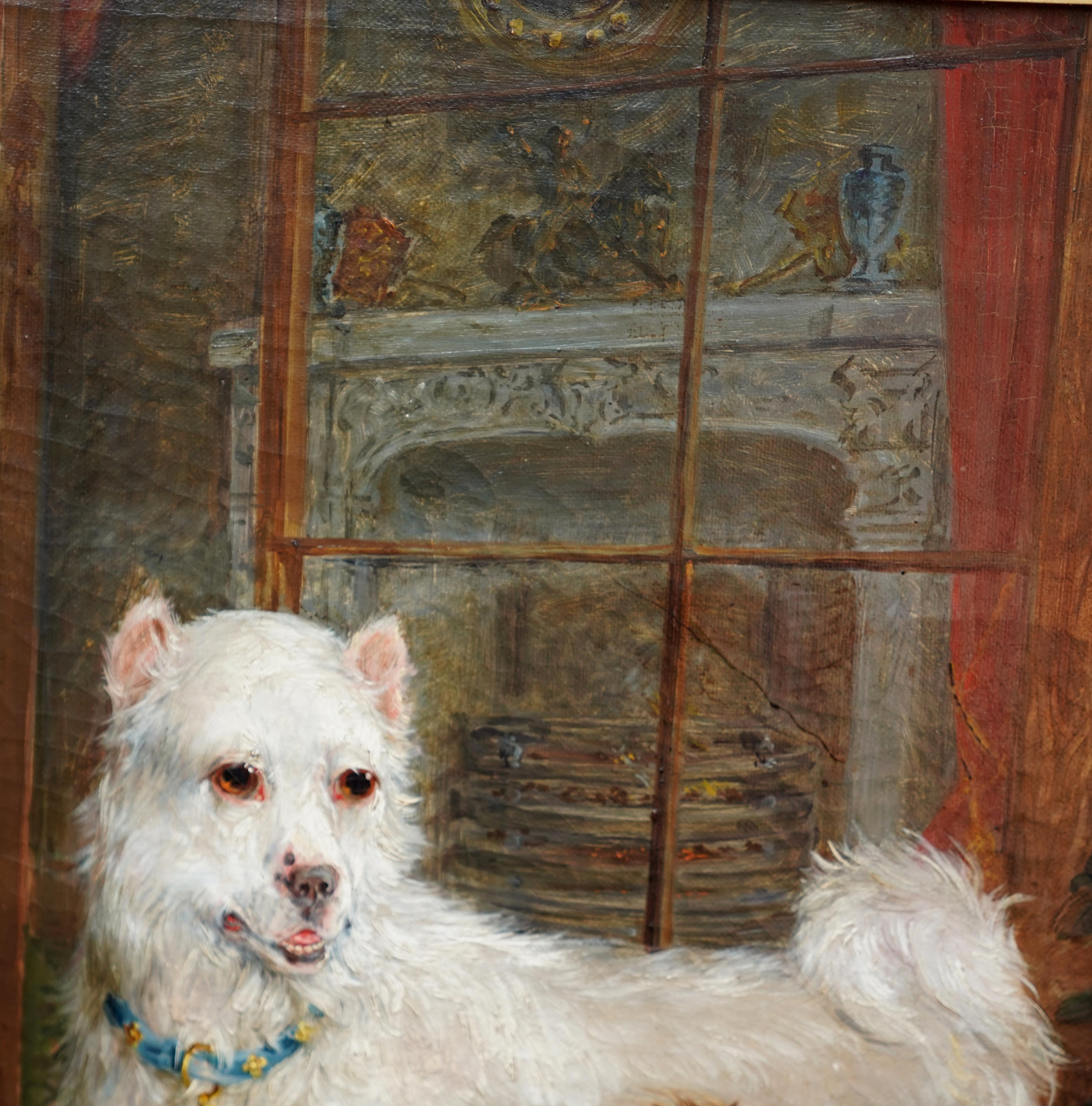 Scena d'interni con cani - Quadro ad olio di arte vittoriana britannica Ritratto di cane 3