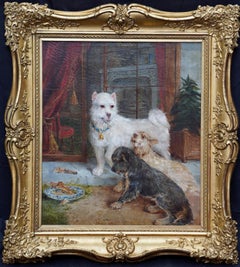Antique Interior Scene with Dogs - British Victorian art Dog portrait oil painting