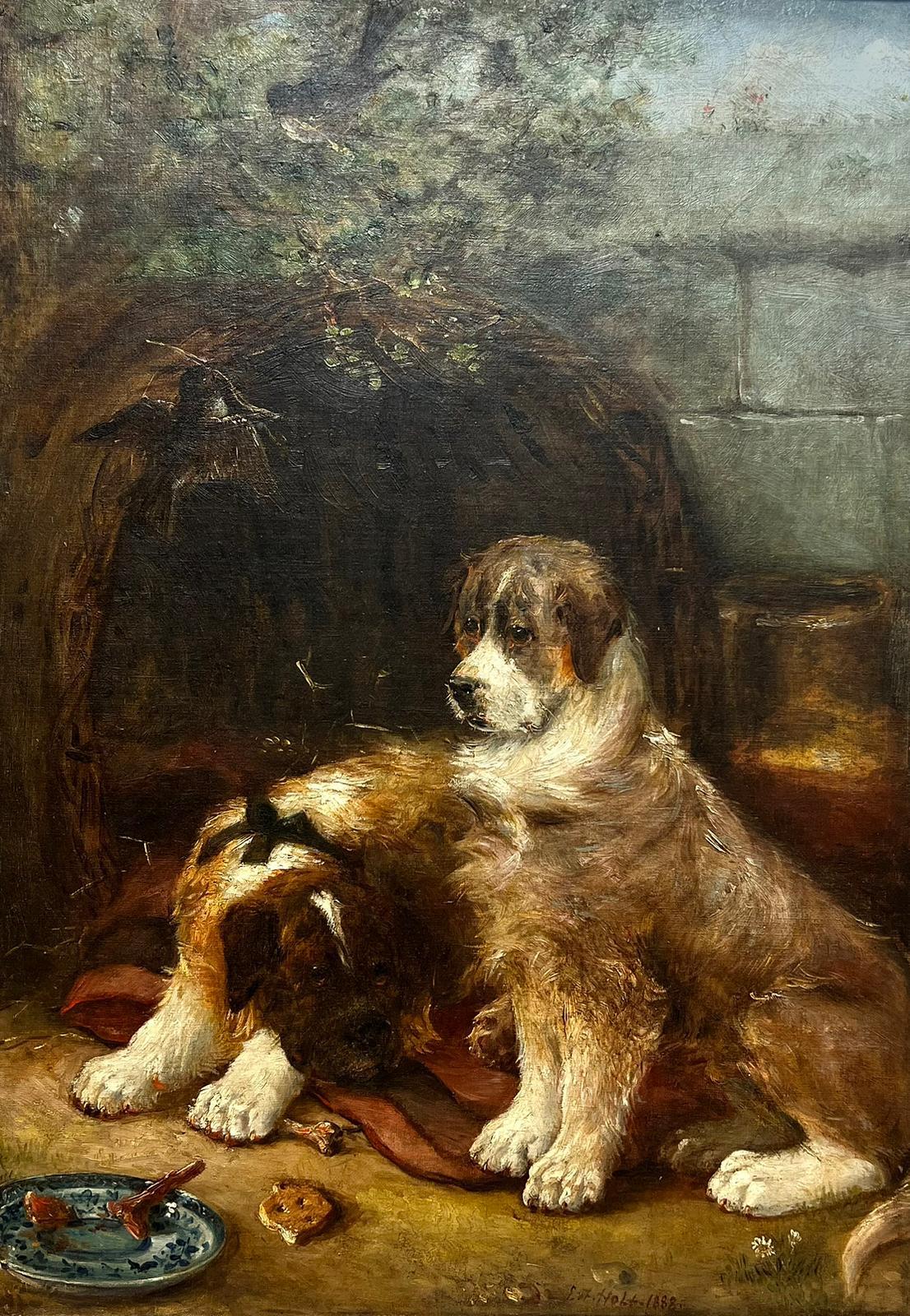 Very Large 19th Century British Dog Oil Painting Two St Bernards Waiting outside 1