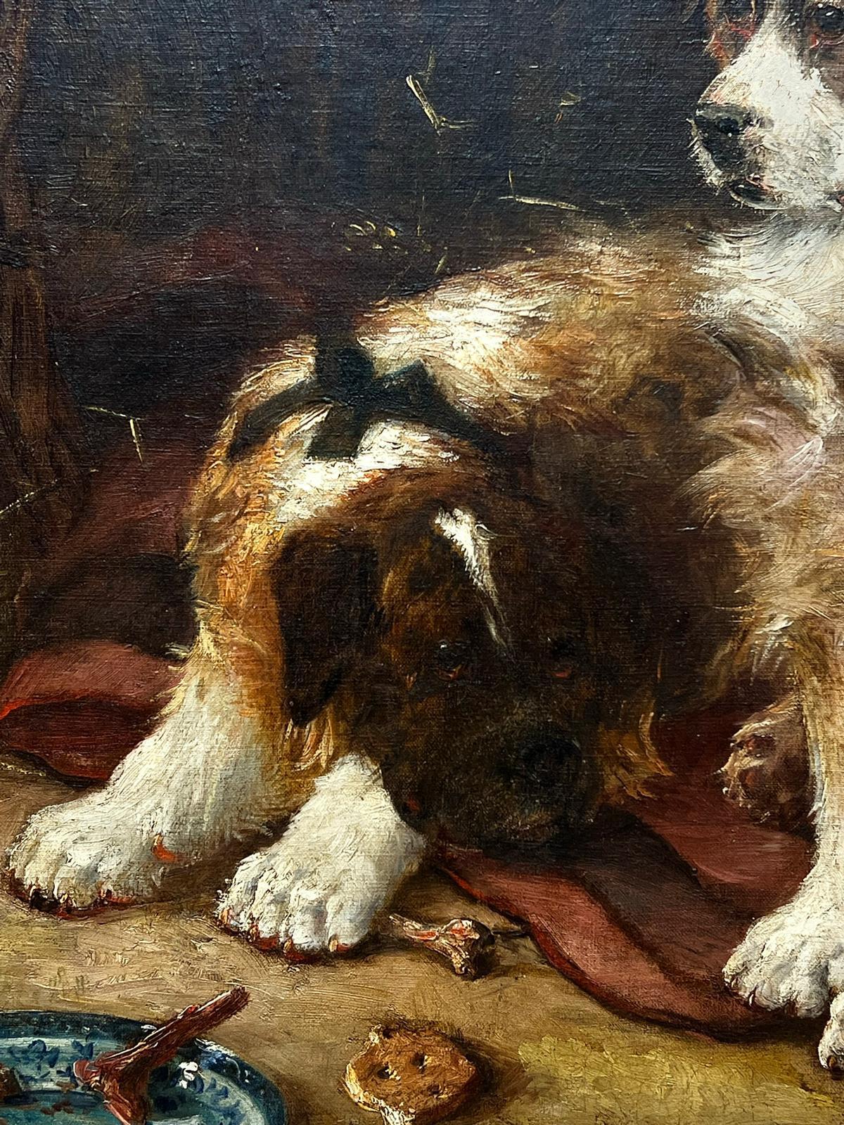 Very Large 19th Century British Dog Oil Painting Two St Bernards Waiting outside 2