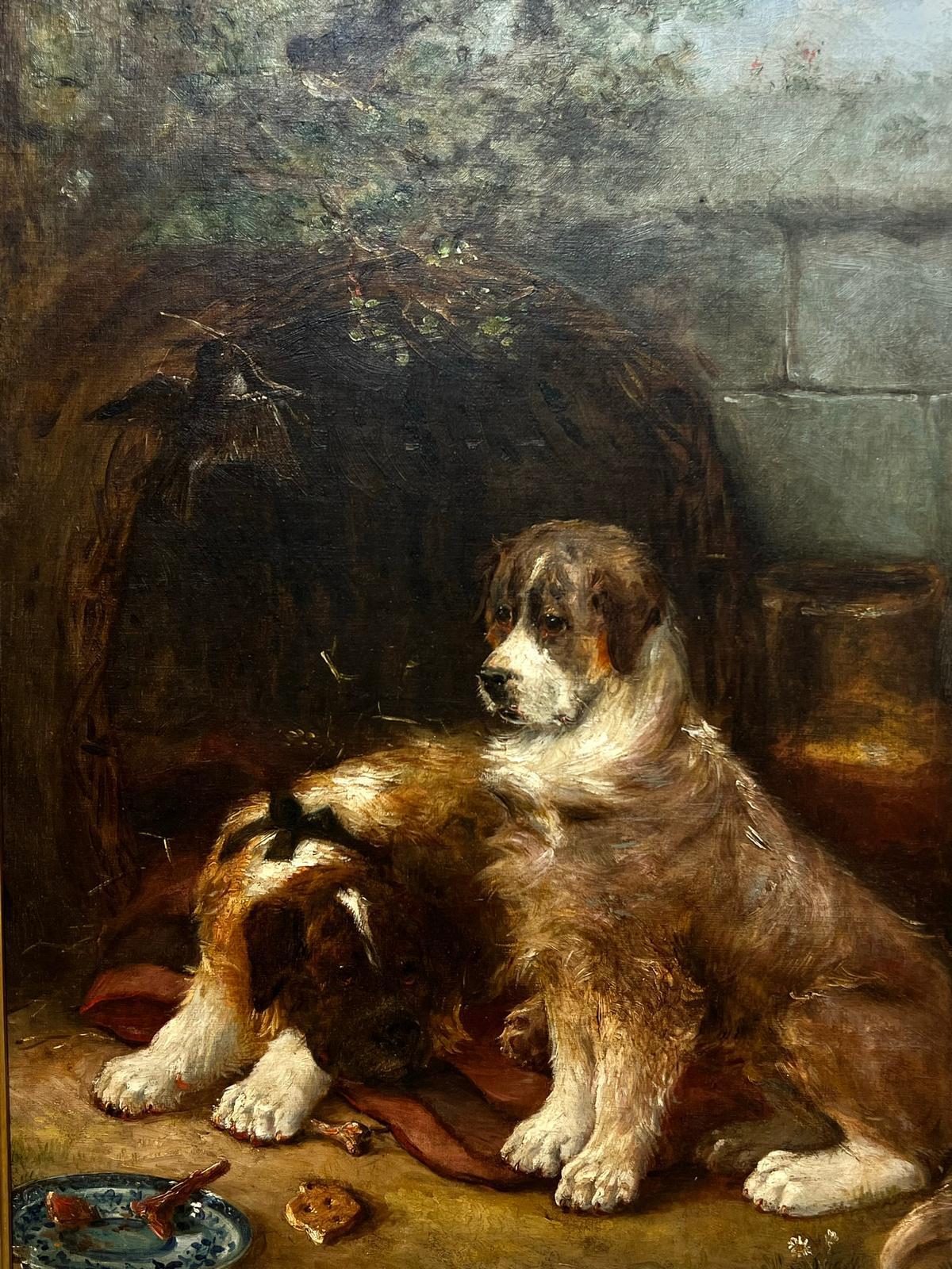 Very Large 19th Century British Dog Oil Painting Two St Bernards Waiting outside 3
