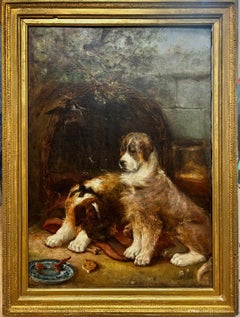 Very Large 19th Century British Dog Oil Painting Two St Bernards Waiting outside