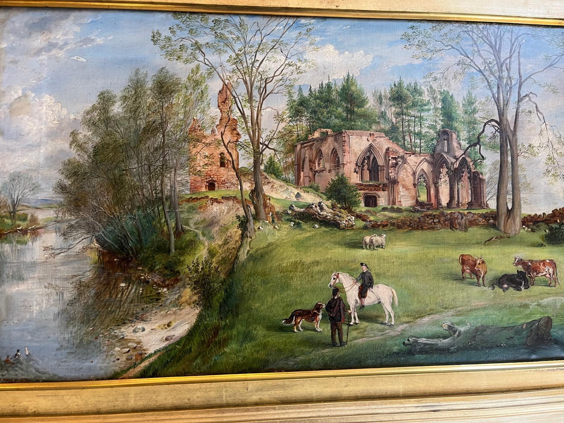 Victorian Scottish Landscape Figurative Oil Painting with Horse and Rider, Cattle, Sheep and Dog in River Landscape with Lincluden Abbey Ruins in background.  
There is a wealth of detail to explore in this charming painting, from the outfits and