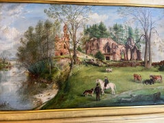 Victorian Scottish Landscape Figurative Oil Painting with Animals and Abbey Ruin