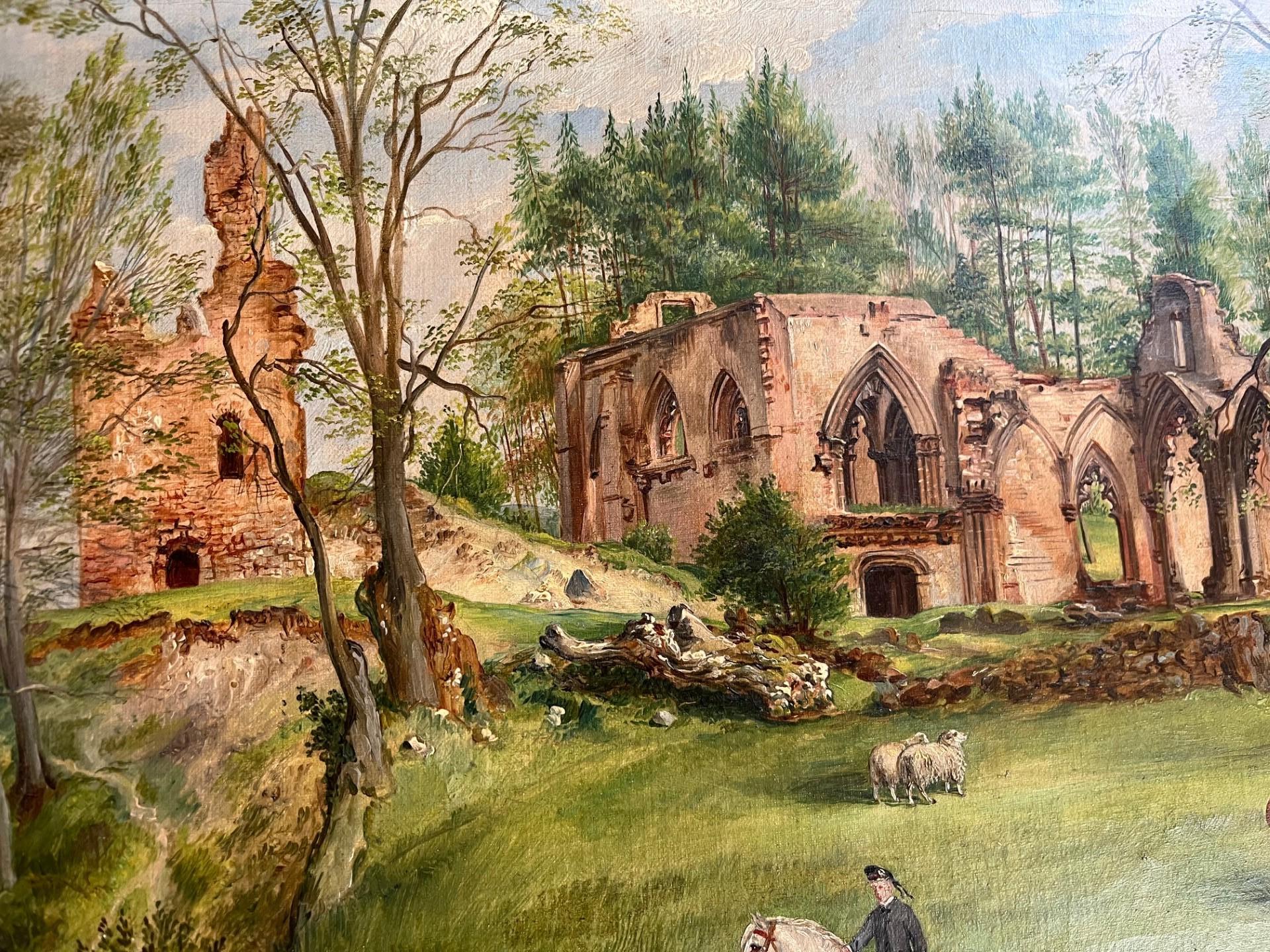 Victorian Scottish Landscape Figurative Oil Painting with Animals and Abbey Ruin For Sale 3