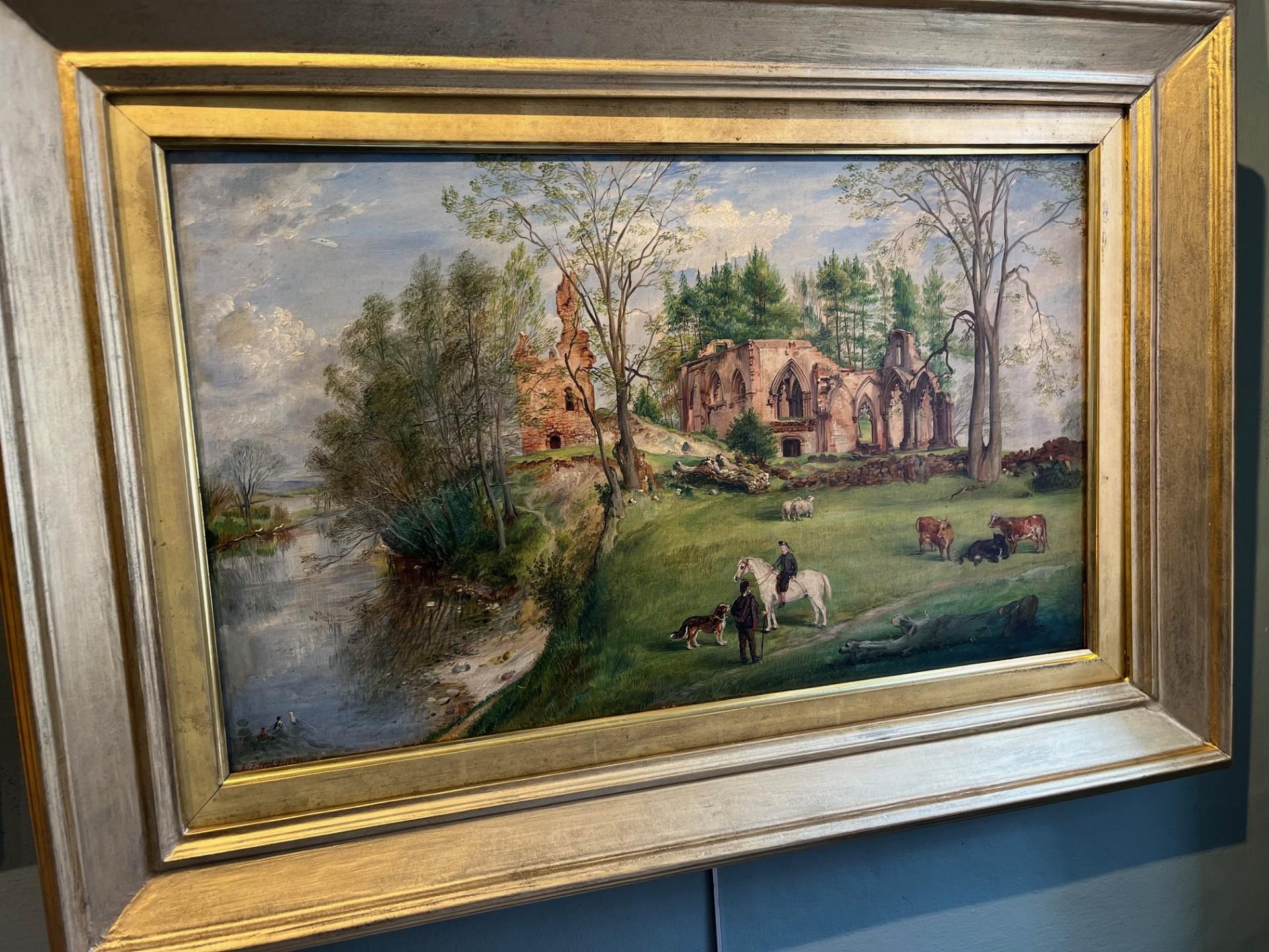 Victorian Scottish Landscape Figurative Oil Painting with Animals and Abbey Ruin For Sale 5
