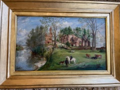 Victorian Scottish Landscape Figurative Oil Painting with Animals and Abbey Ruin