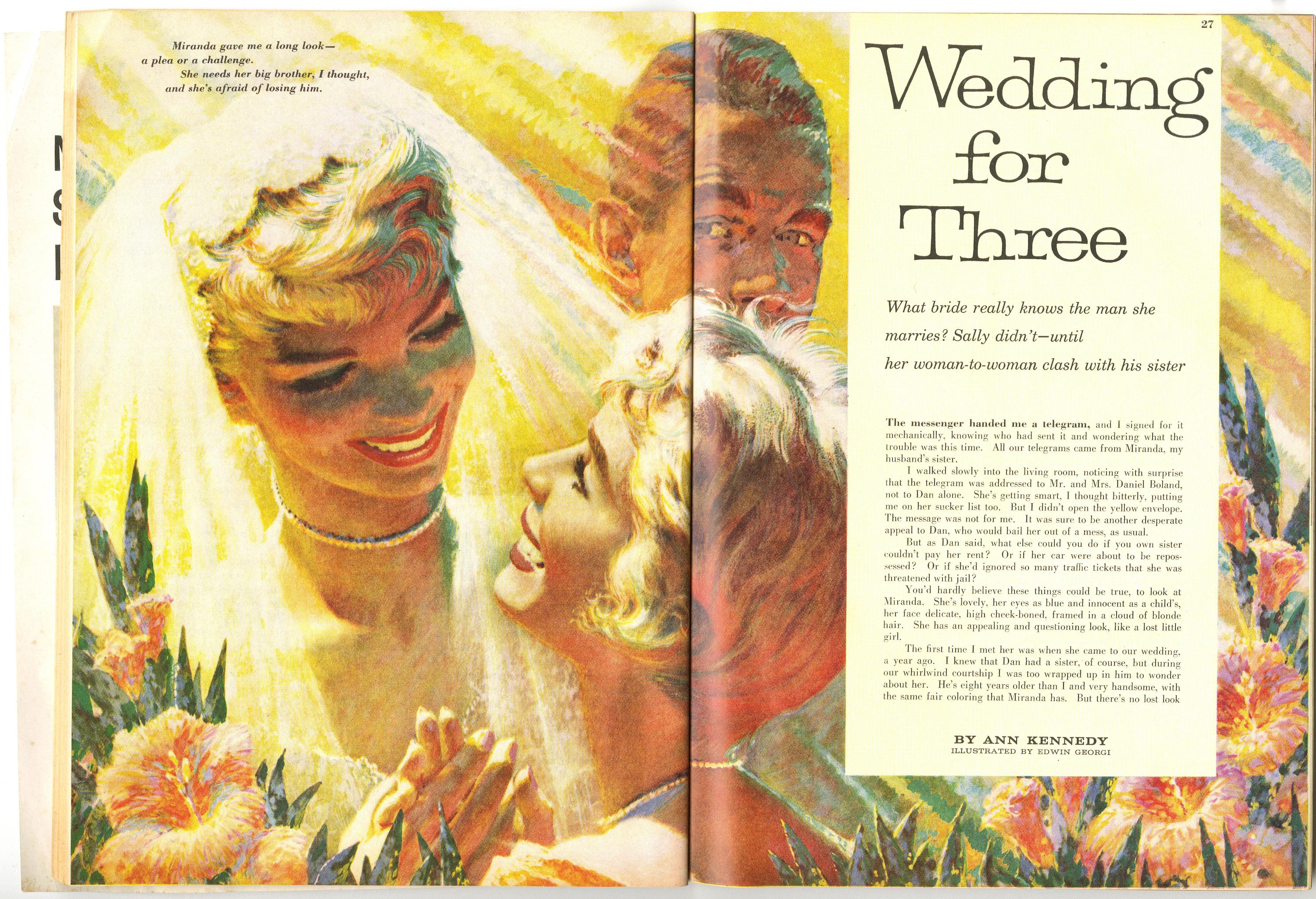 A large, luminous, and otherworldly gouache illustration created for Redbook Magazine, verso is dated January 1958, but this appeared illustrating the story “Wedding for Three” by Ann Kennedy in the January 1959 issue.  A dazzling work by one of our