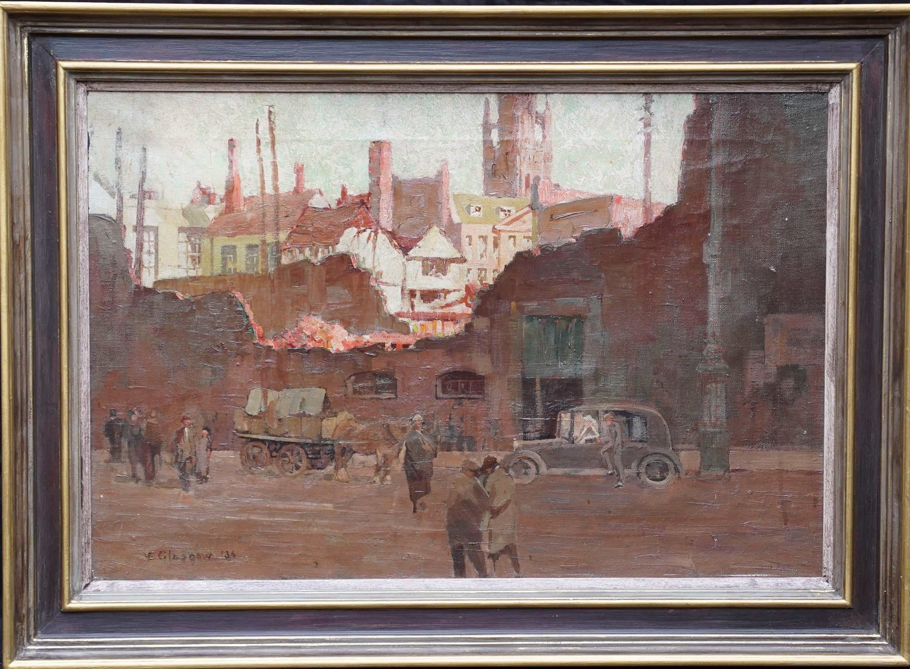 Stadtlandschaft mit Figuren – britische postimpressionistische Ölgemäldekunst der 1930er Jahre im Angebot 8