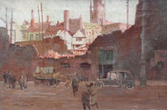 Town Landscape with Figures - British 1930's Post Impressionist oil painting art
