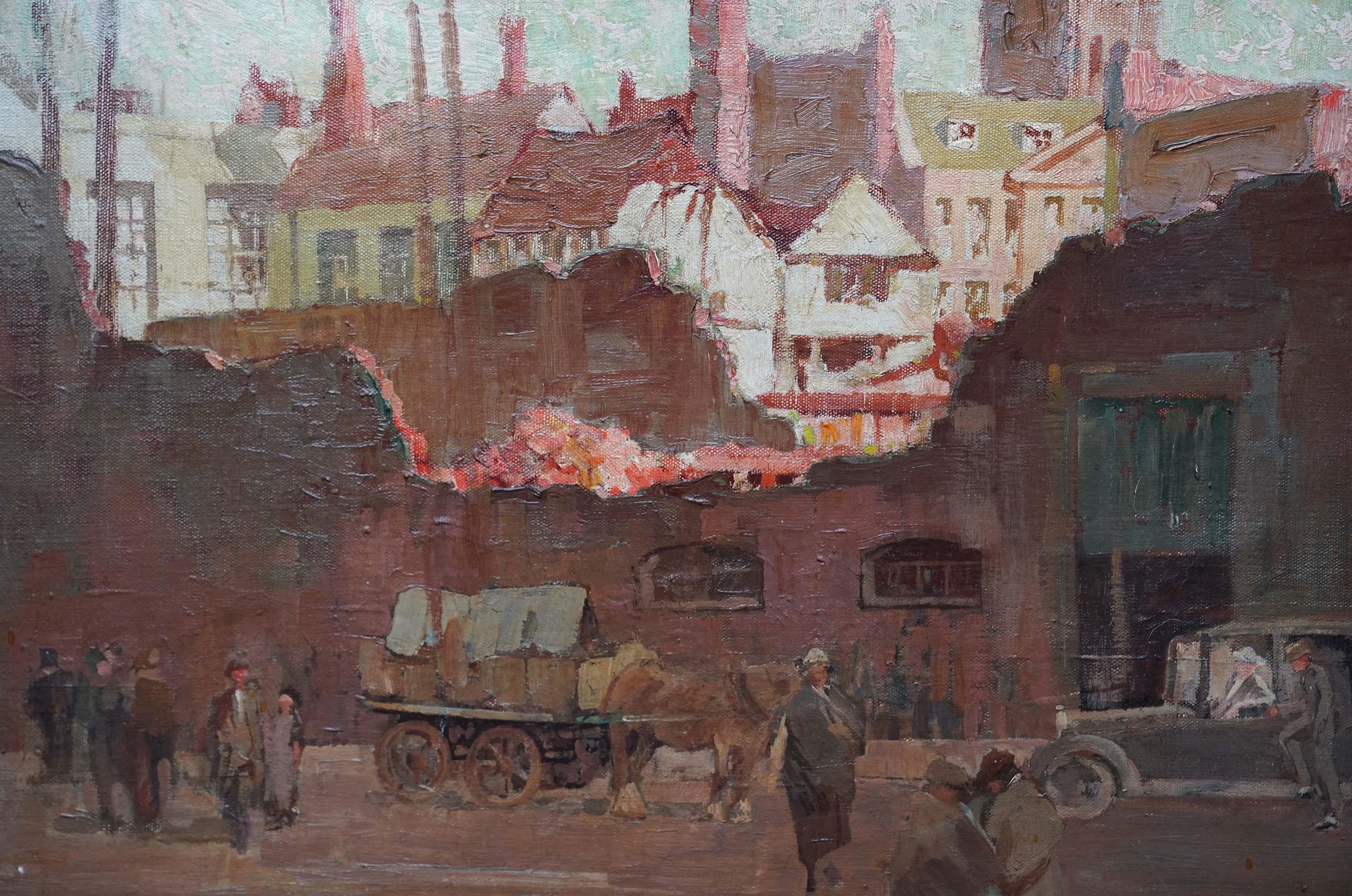 Dieses interessante britische Ölgemälde einer postimpressionistischen Stadtlandschaft aus den 1930er Jahren stammt von dem bekannten, in Liverpool geborenen Künstler Edwin Glasgow. Das 1936 gemalte und unten links signierte Gemälde war früher im