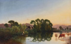 Victorian Oil Painting: Fishing with Cattle Watering, Circa 1850-1859