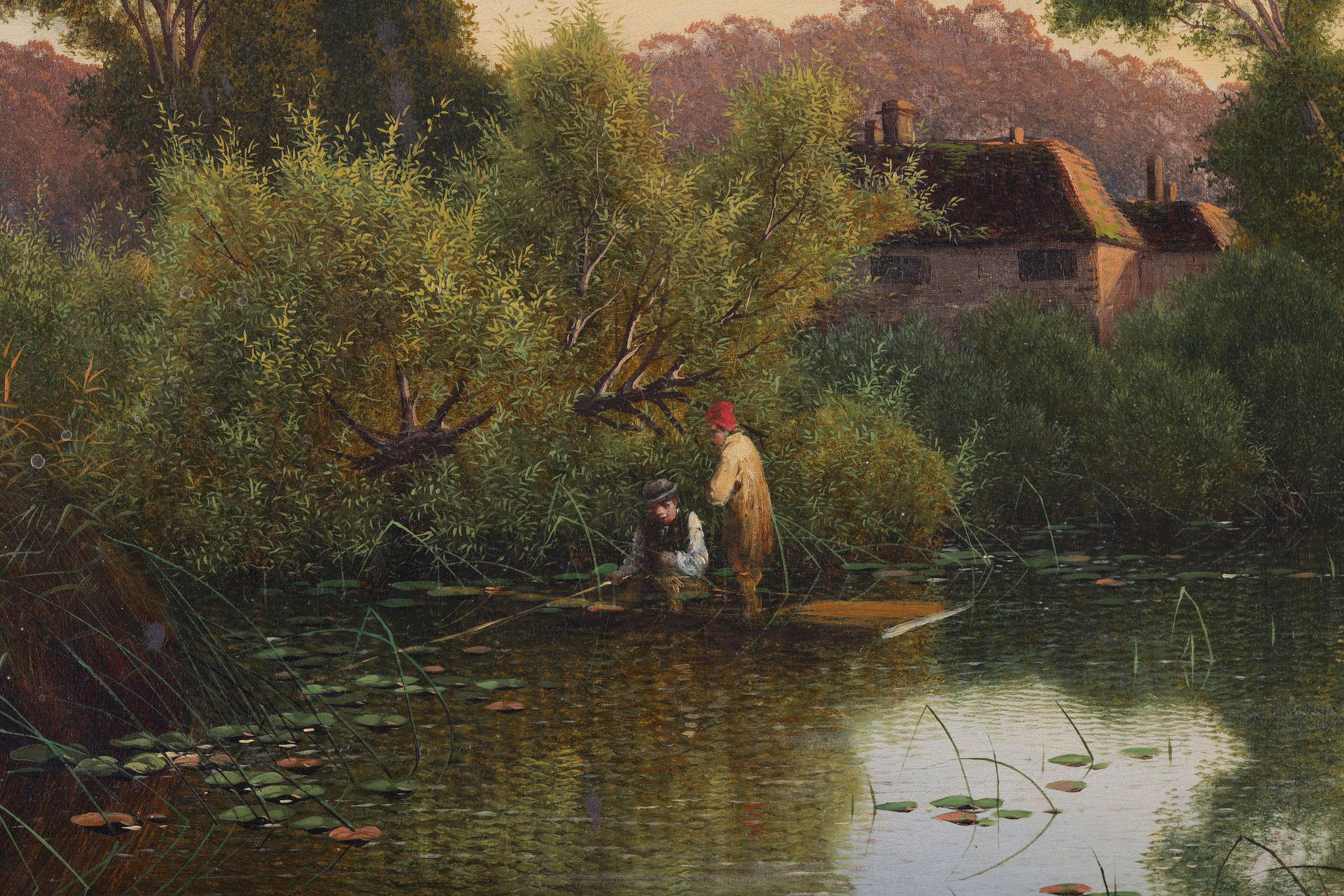 Fishing with Cattle Watering - Victorian Painting by Edwin H Boddington
